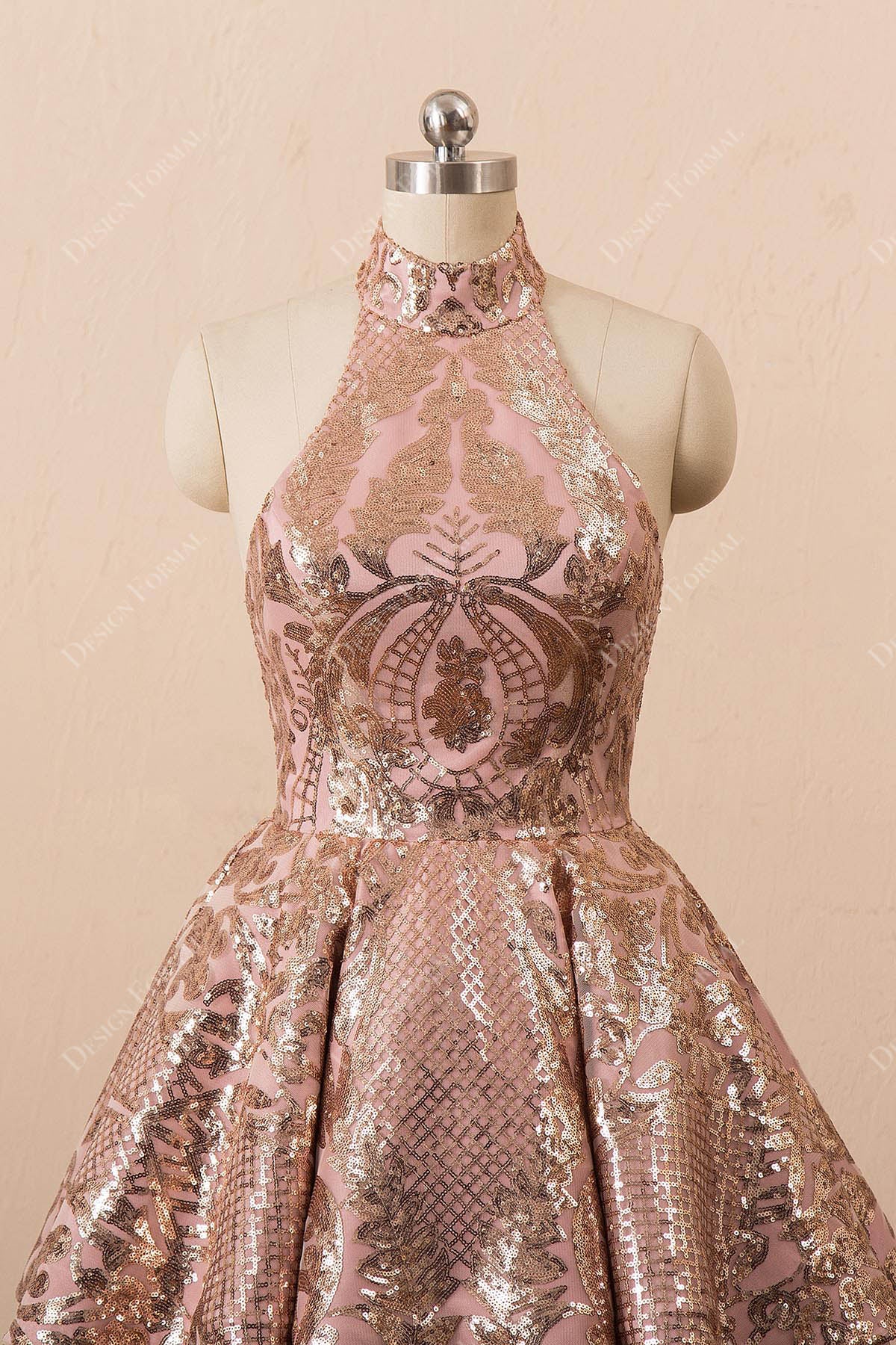 rose gold sequin bodice with halter neck