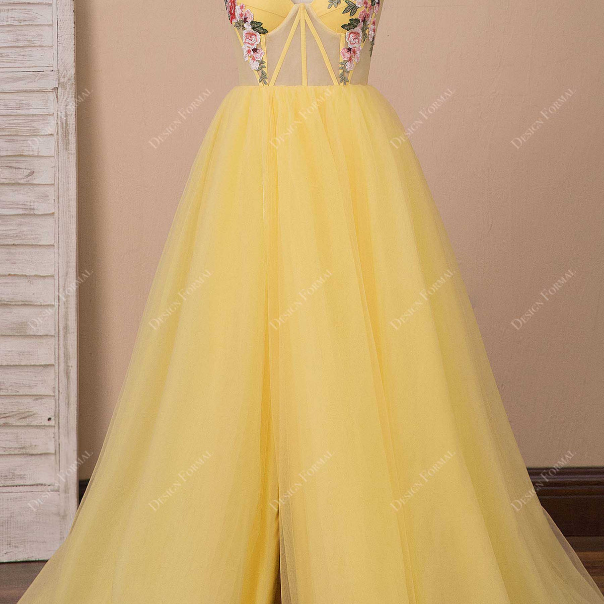 Trendy Yellow Velvet Strapless Corset Slit Evening Dress - Promfy