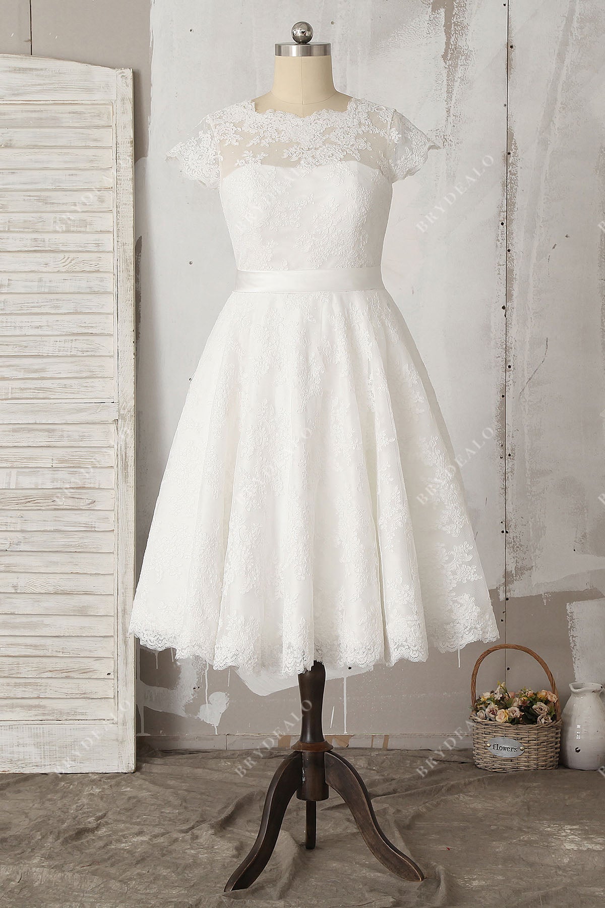 Casual Illusion Lace Cap Sleeve Tea Length Wedding Dress
