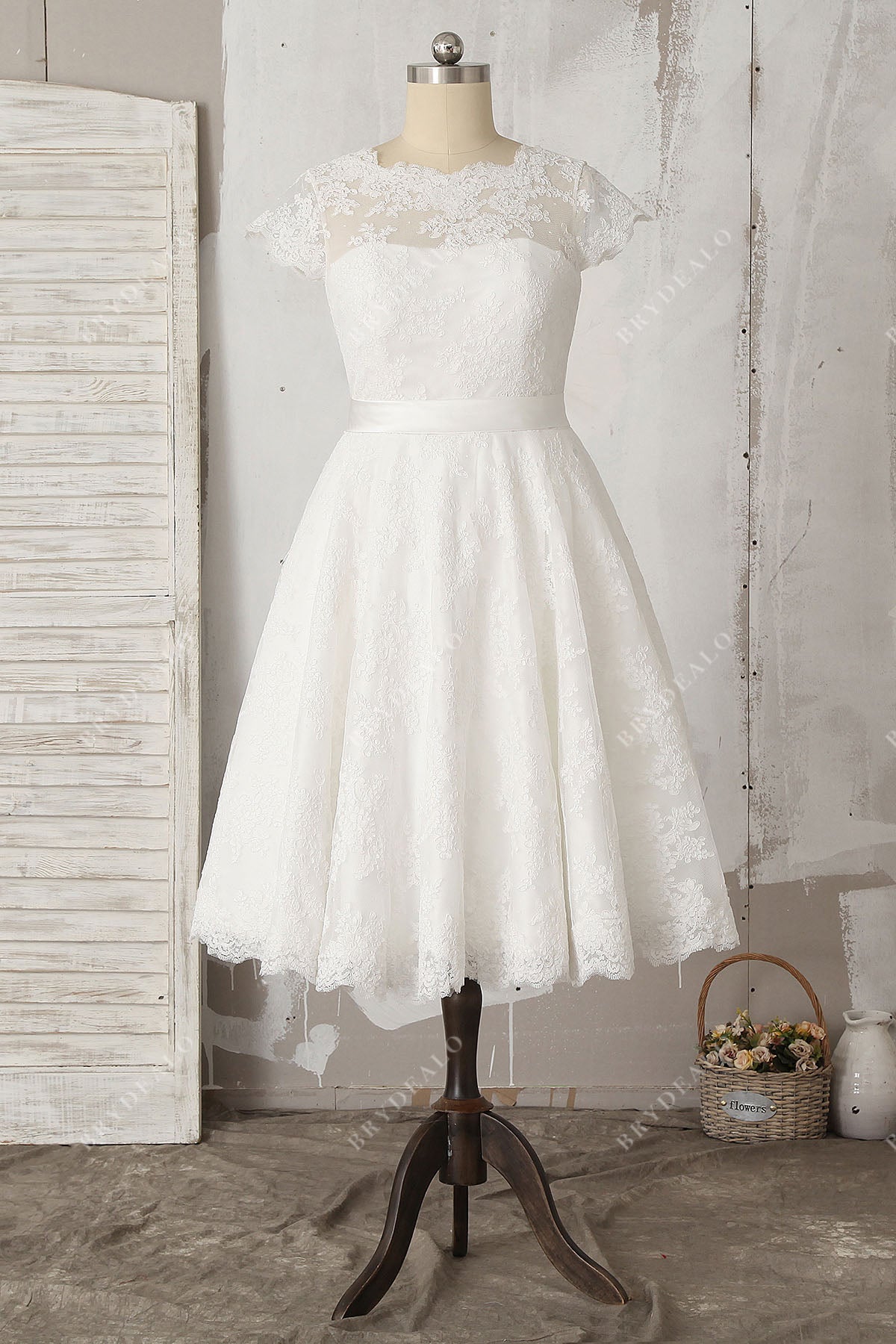 Casual Illusion Lace Cap Sleeve Tea Length City Wedding Dress