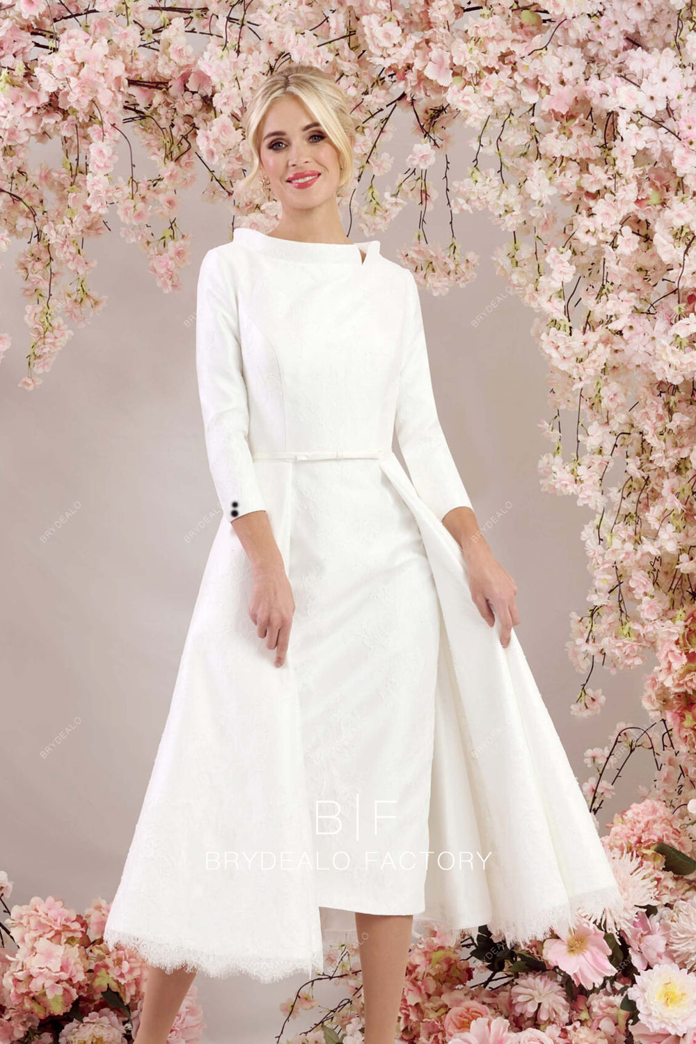 Lace 3/4 Sleeves Chiffon Tea-Length Dress Gold main image 1