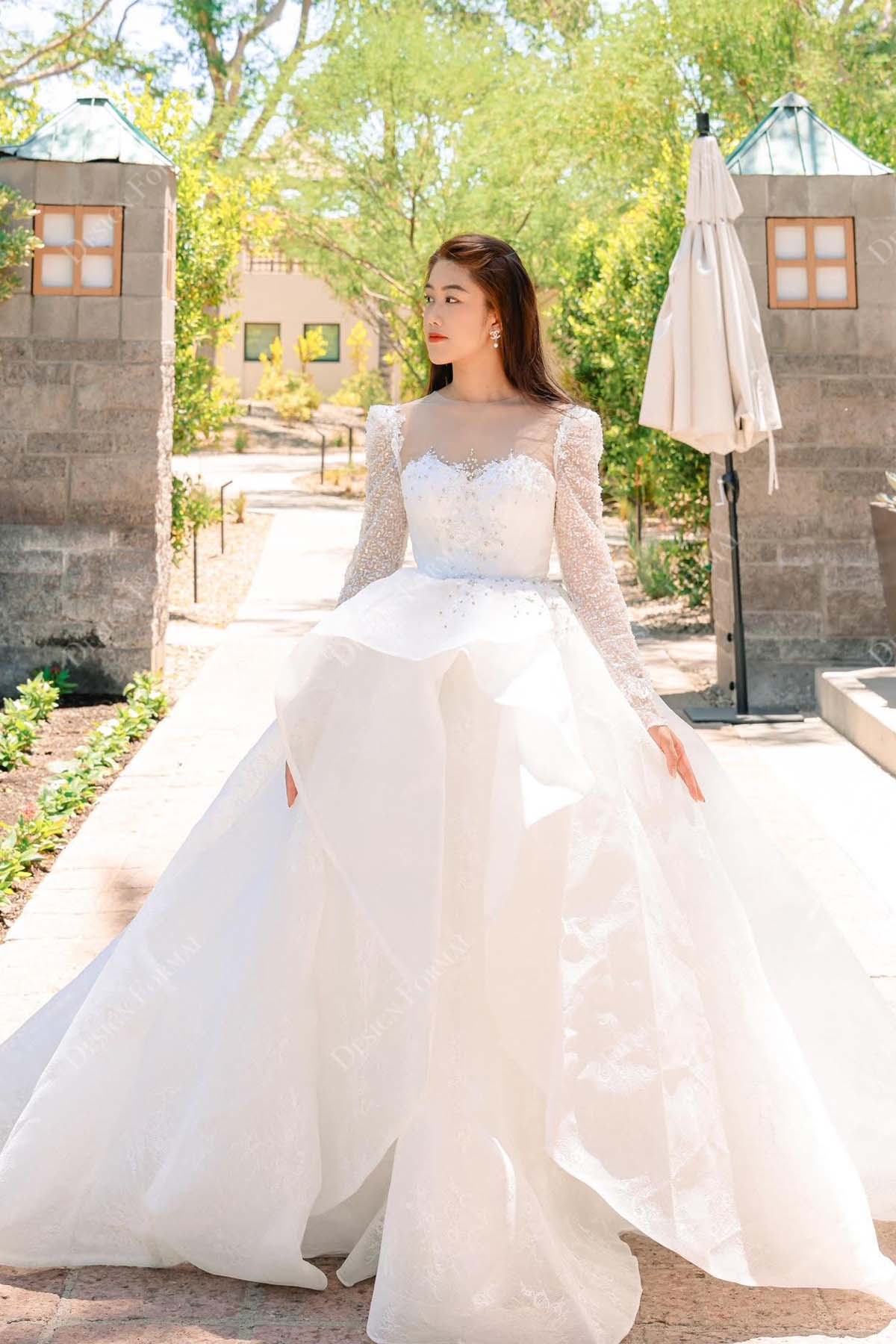 designer ball gown sparkly sleeves bridal dress