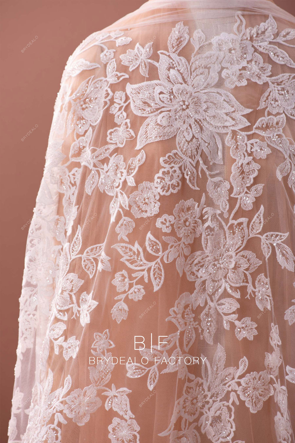 Royalty Fabrics Feathers hand beaded design embroider on a mesh lace-prom-sold by the yard. Ivory main image 1