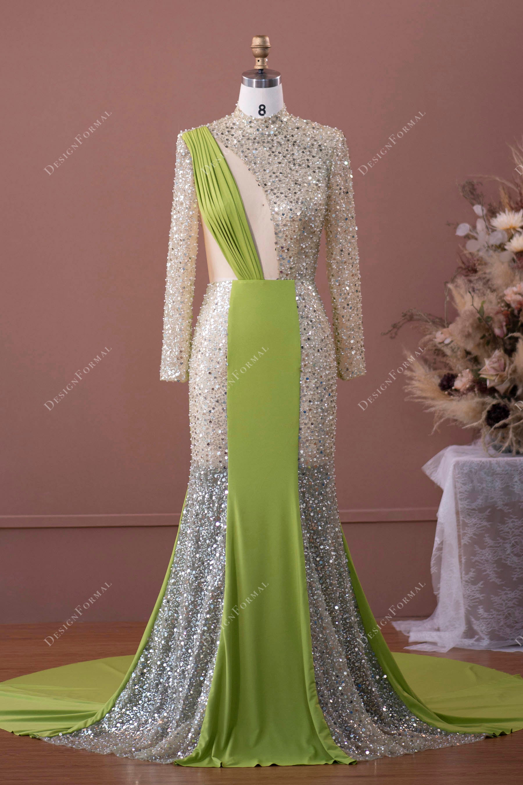 Designer Sage Green Beaded Jersey Prom Formal Dress