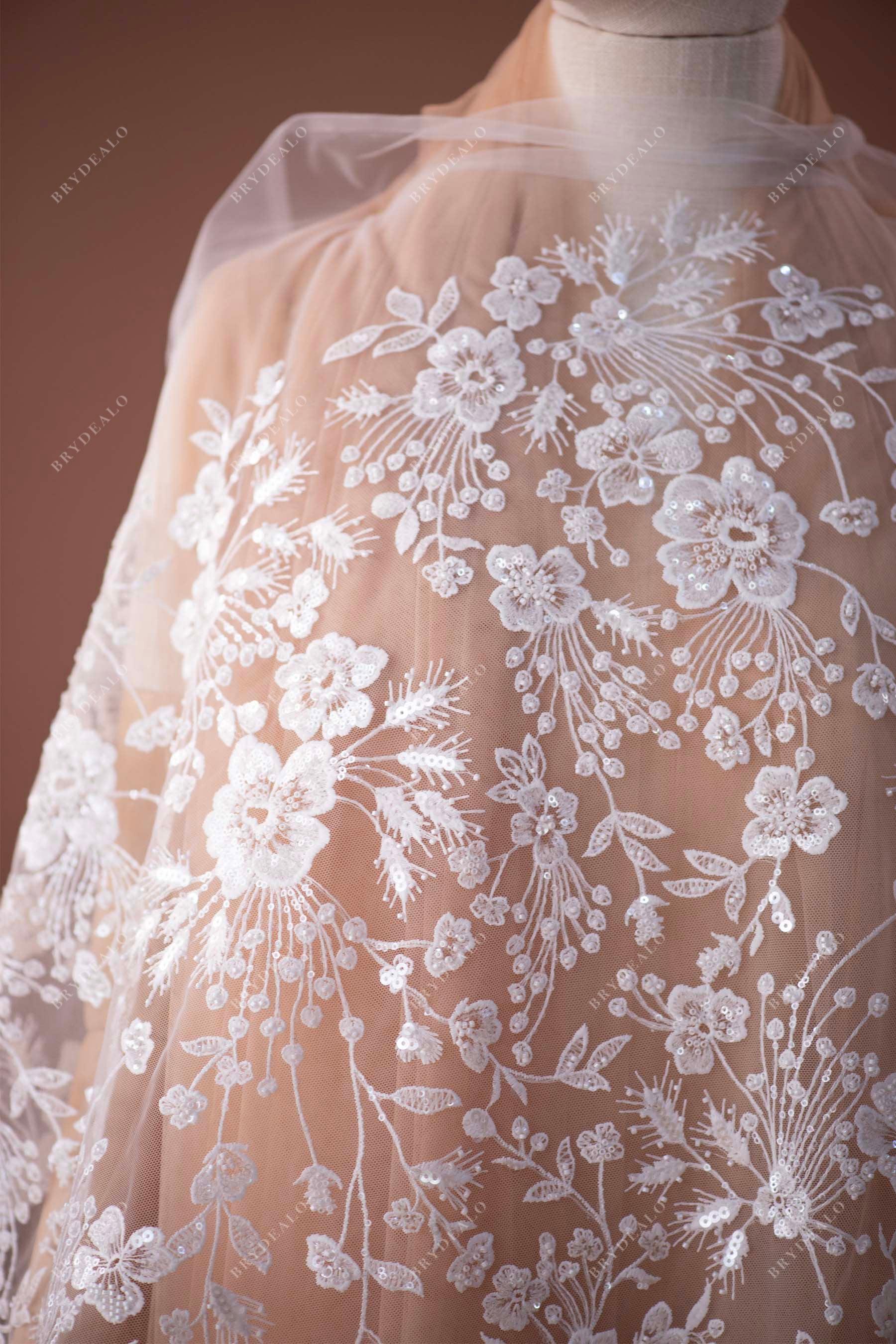 Designer Beaded Flower Bridal Lace Fabric for Boho Dresses
