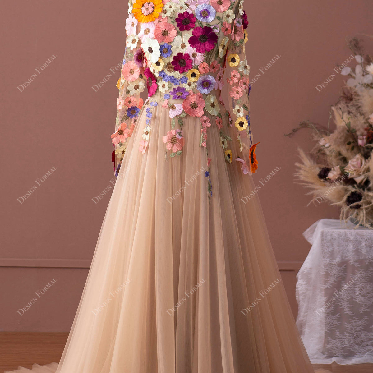 Designer Colorful Wild Flowers Fairytale Sleeved A-line Wedding Dress Designer Colorful Wild Flowers Fairytale Sleeved A-line Wedding Dress