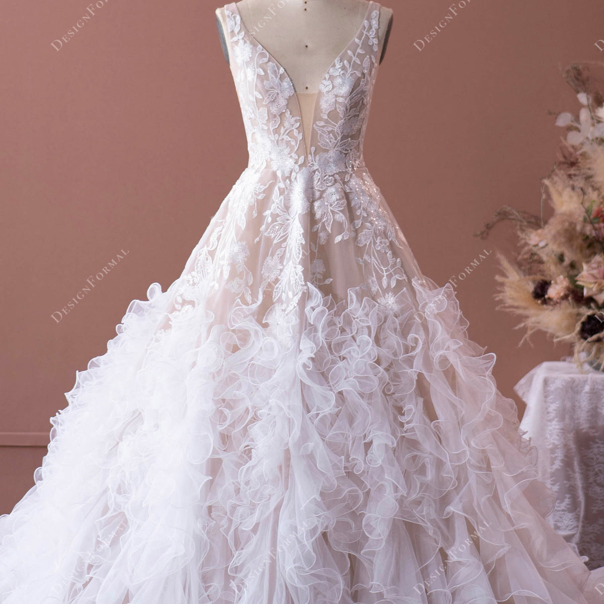 Designer Flower Lace Ruffled Tulle Puffy Warm Beige Wedding Dress, White