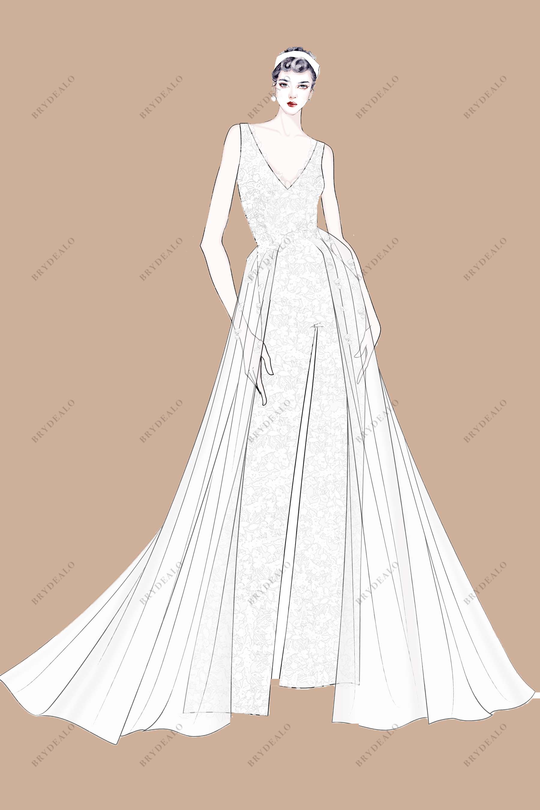 Designer Lace V-neck Bridal Jumpsuit Wedding Overskirt Sketch