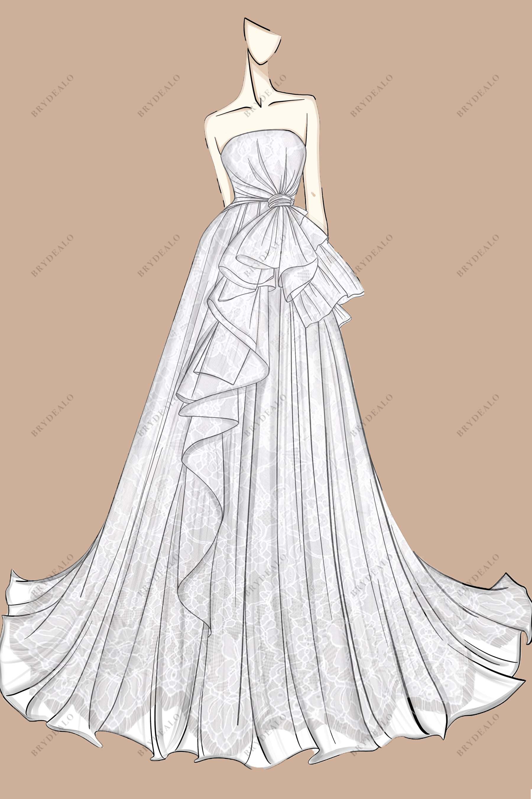 Strapless Designer Lace A-line Ruffled Bridal Gown Sketch