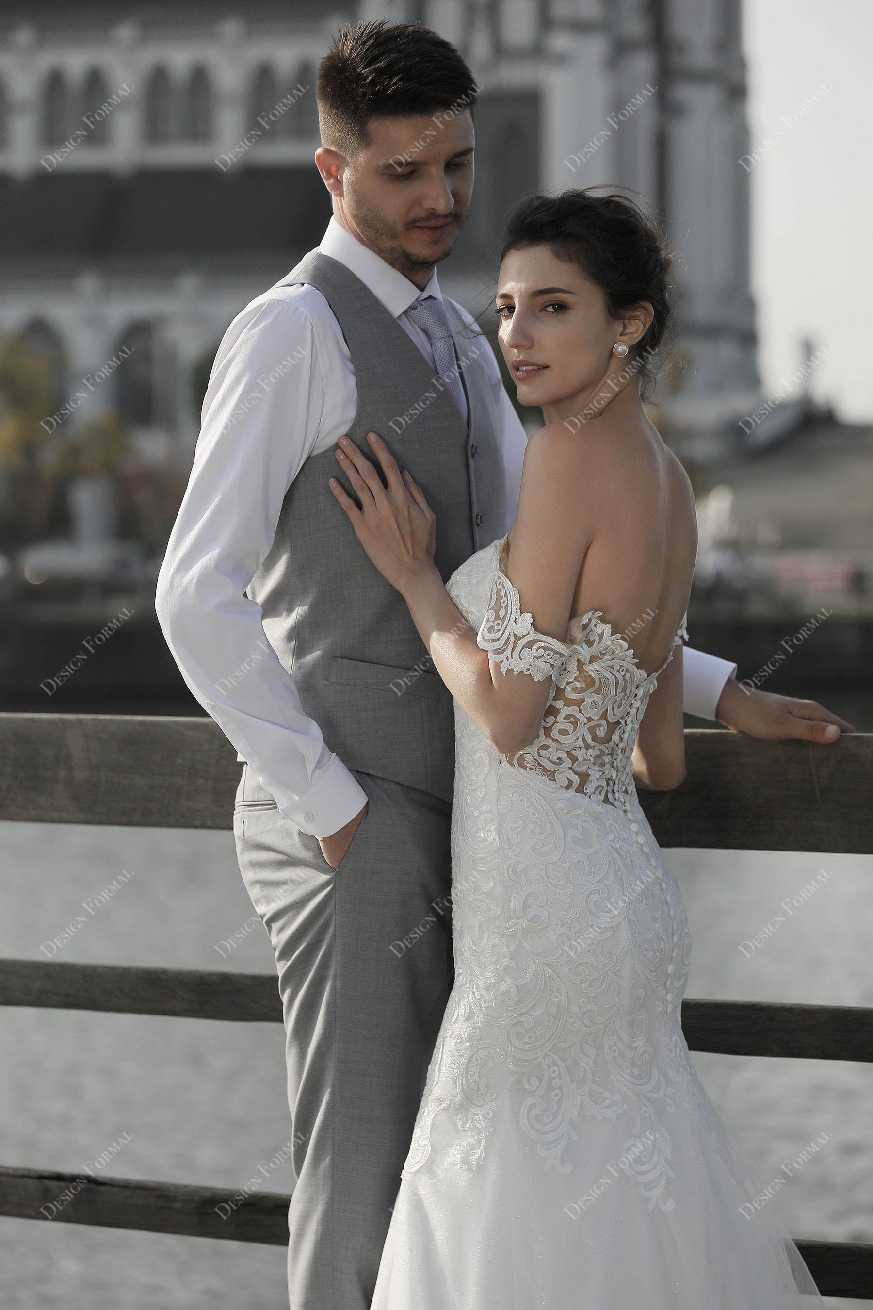 designer lace off shoulder beach bridal gown