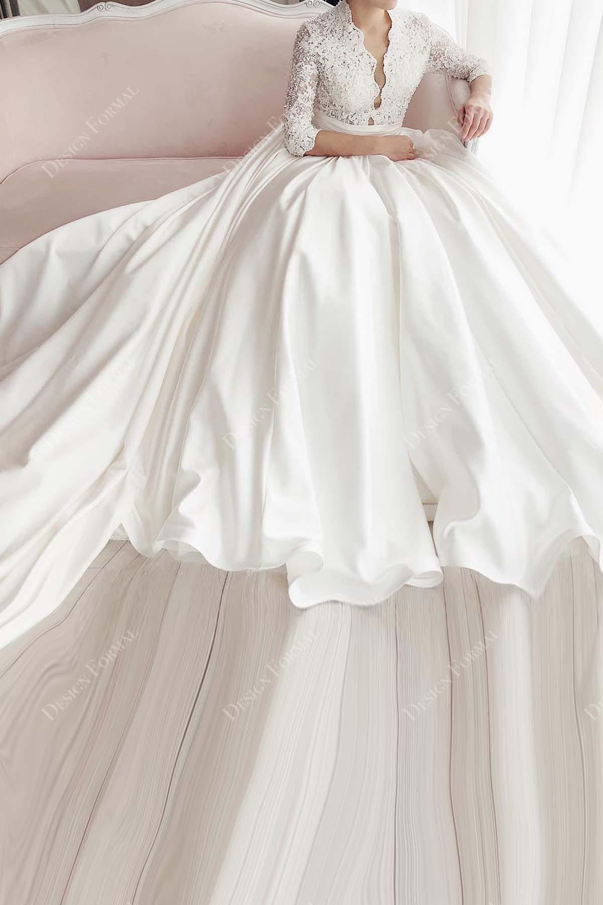 designer lace satin scalloped V-neck wedding dress