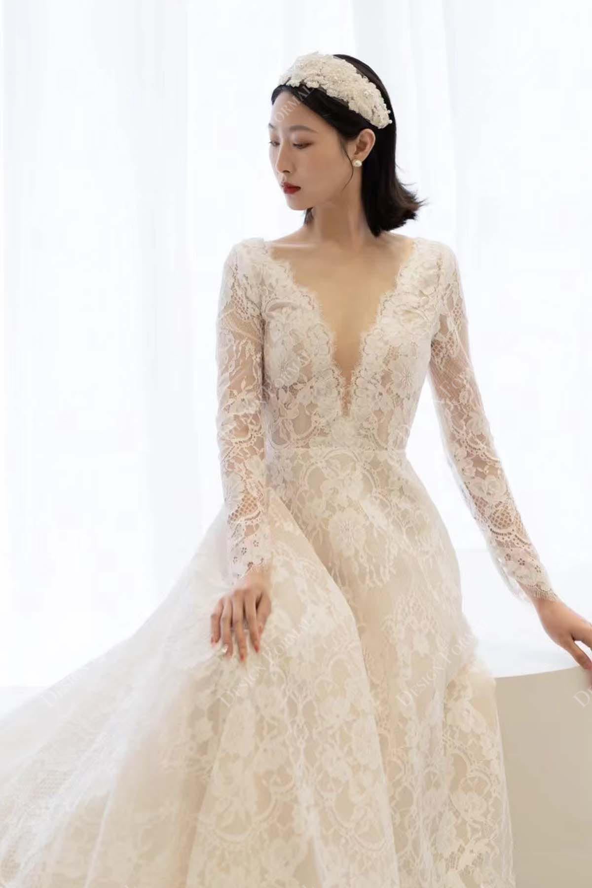 designer lace sheer sleeves V-neck bridal dress