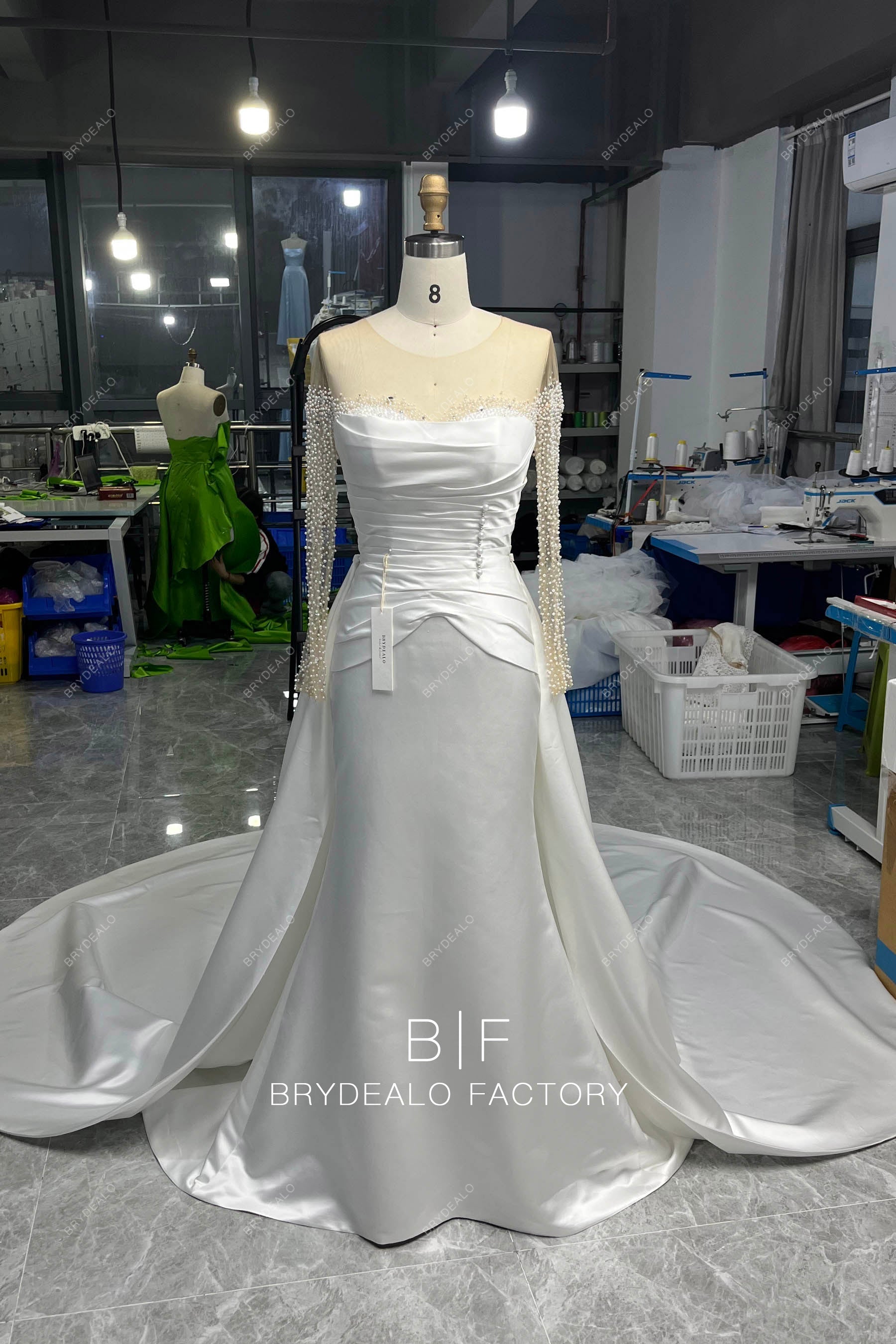 designer luxury pearl satin wedding dress