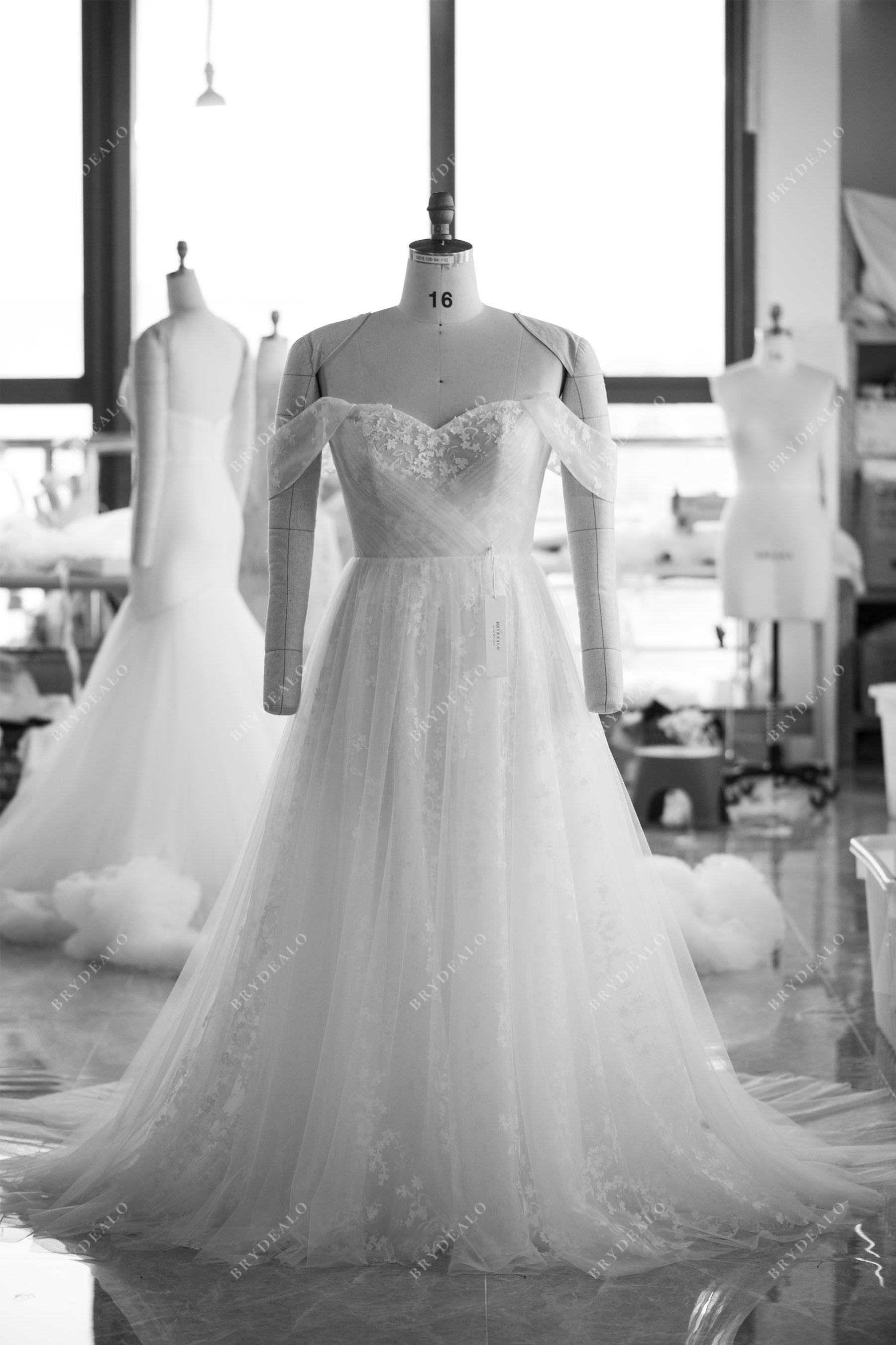 designer pleated tulle lace wedding dress