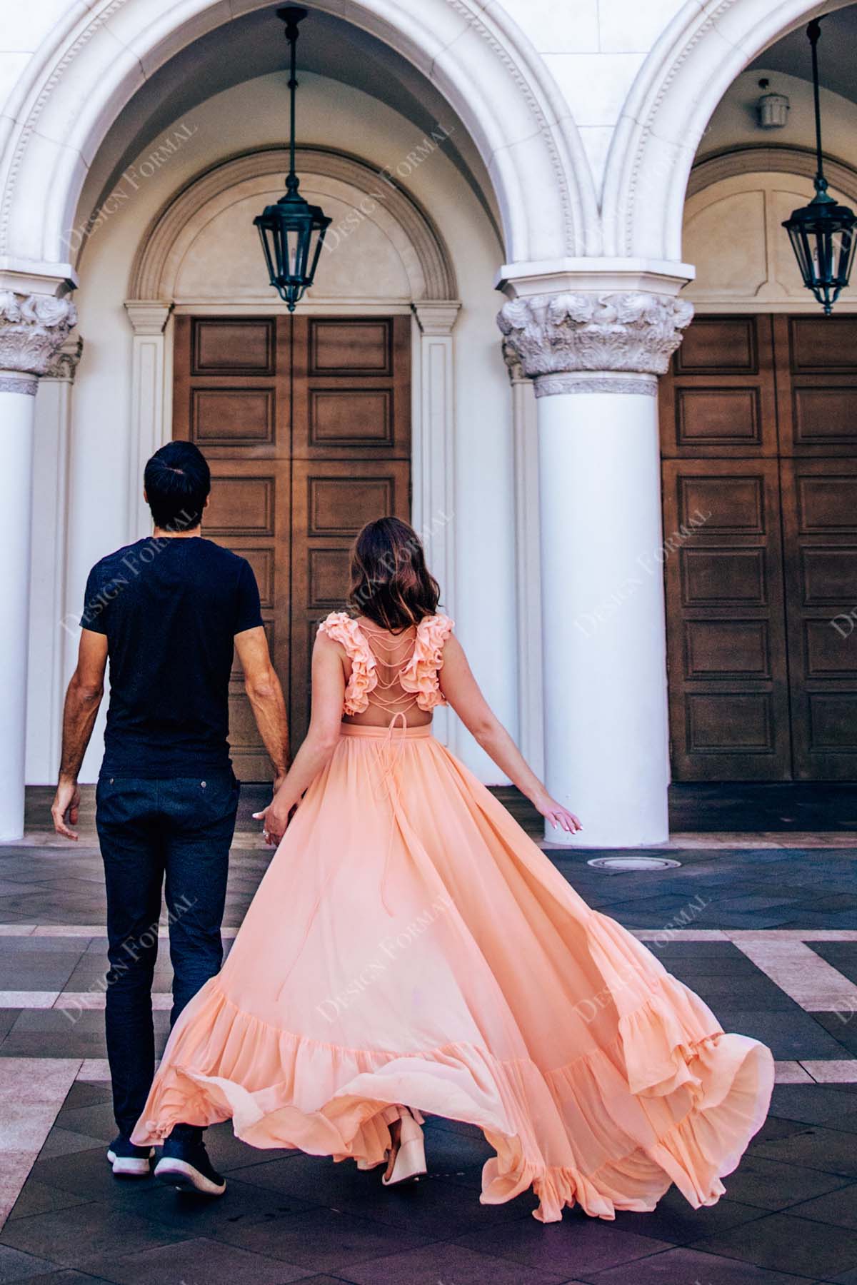 designer ruffled back A-line prom dress