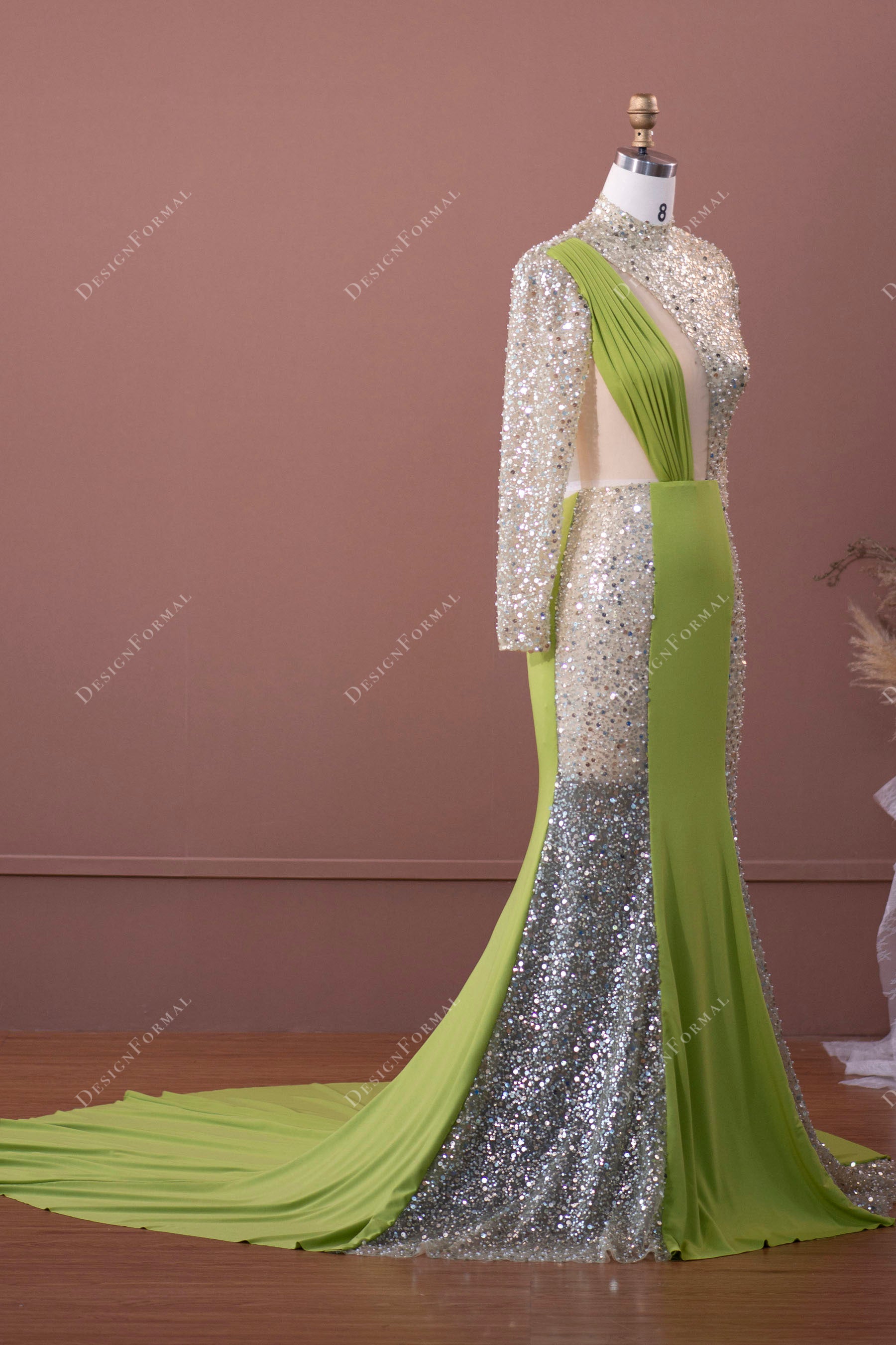 sparkly sheer sleeves green jersey prom gown