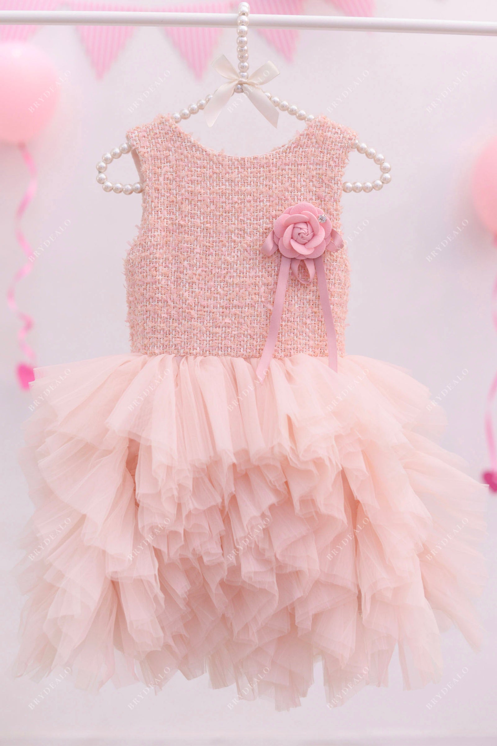 Designer Coral Pink Allover Ruffled Tulle Knee Length Kids Formal Dress