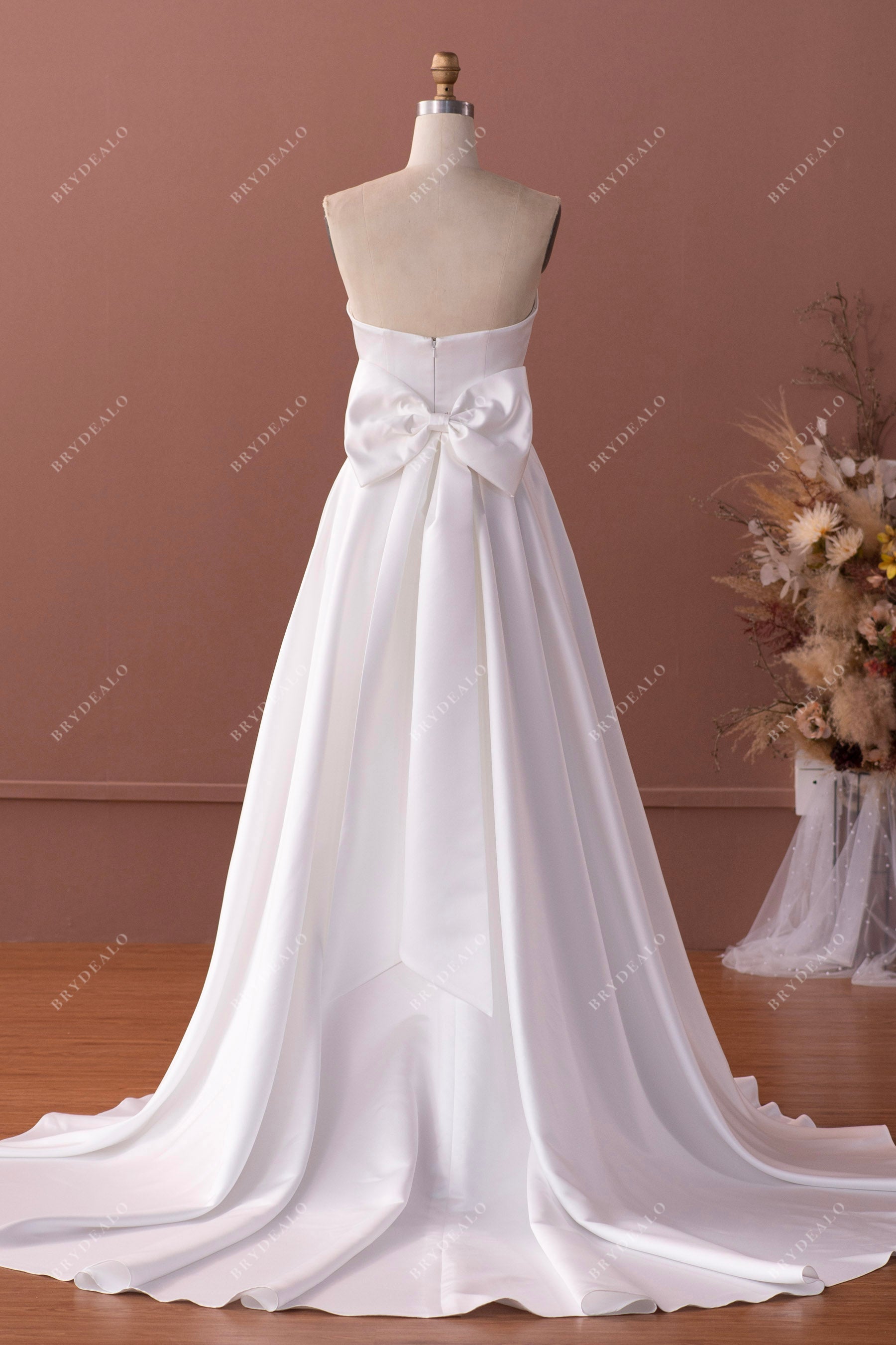detachable bowknot long satin fall wedding dress