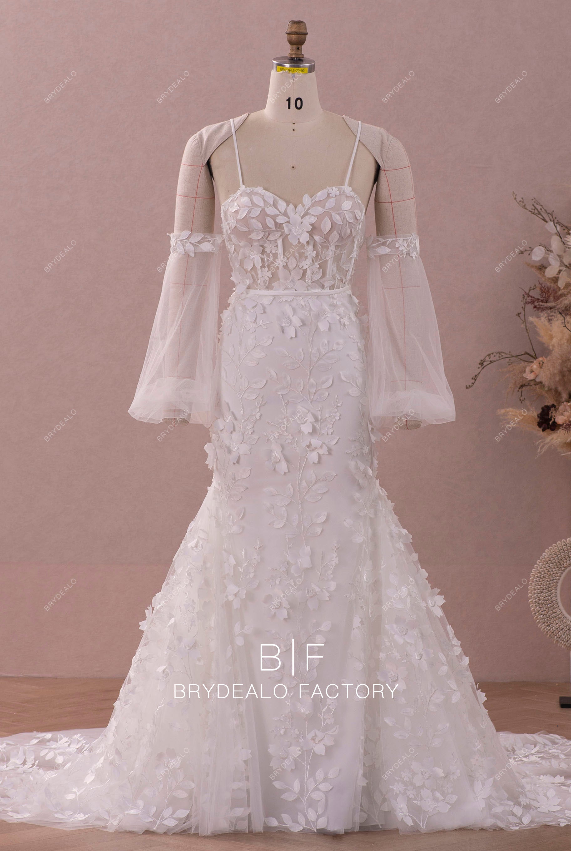 detachable bubble sleeve off shoulder lace wedding dress