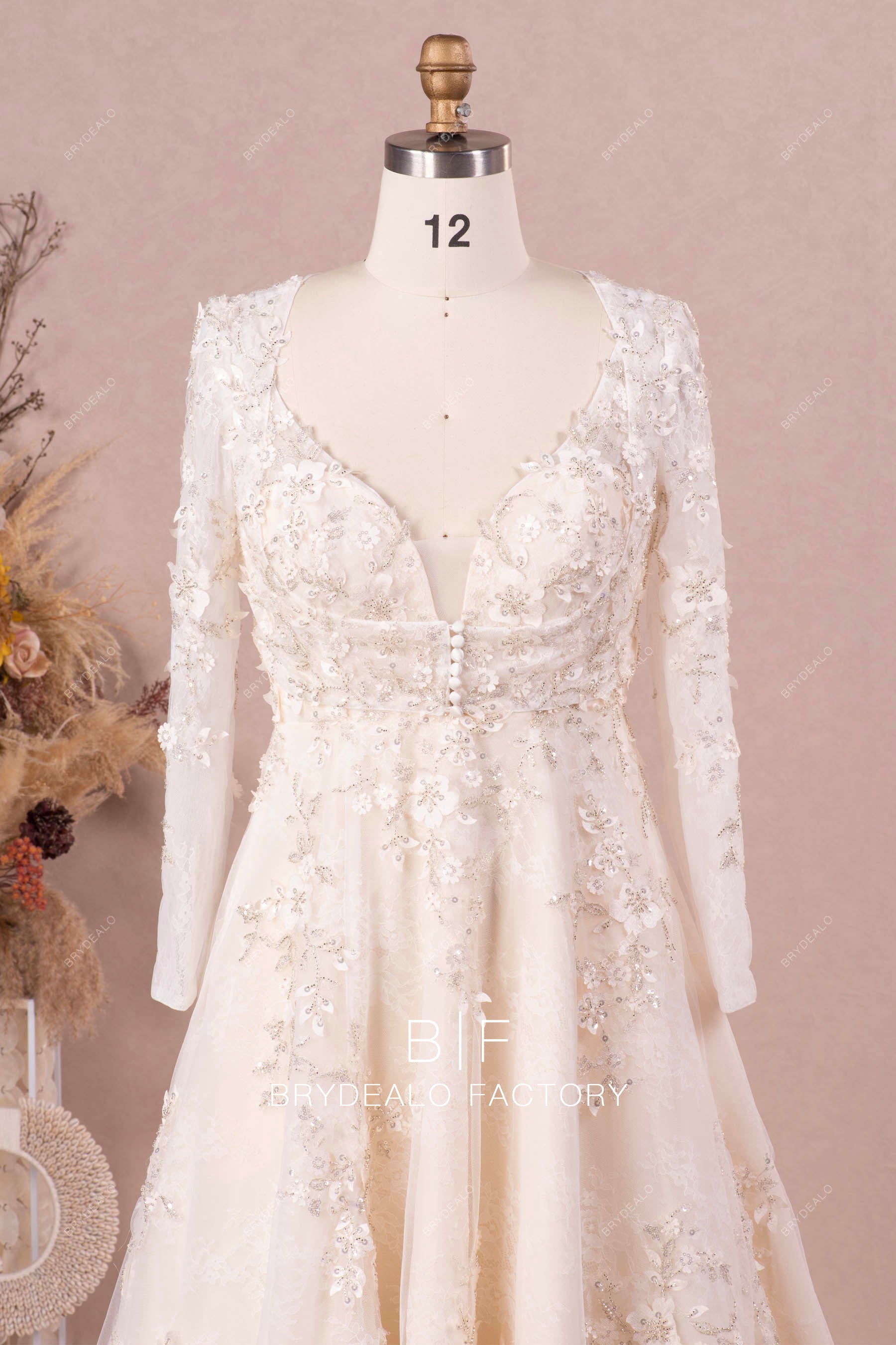 detachable sleeved jacket flower lace designer wedding gown