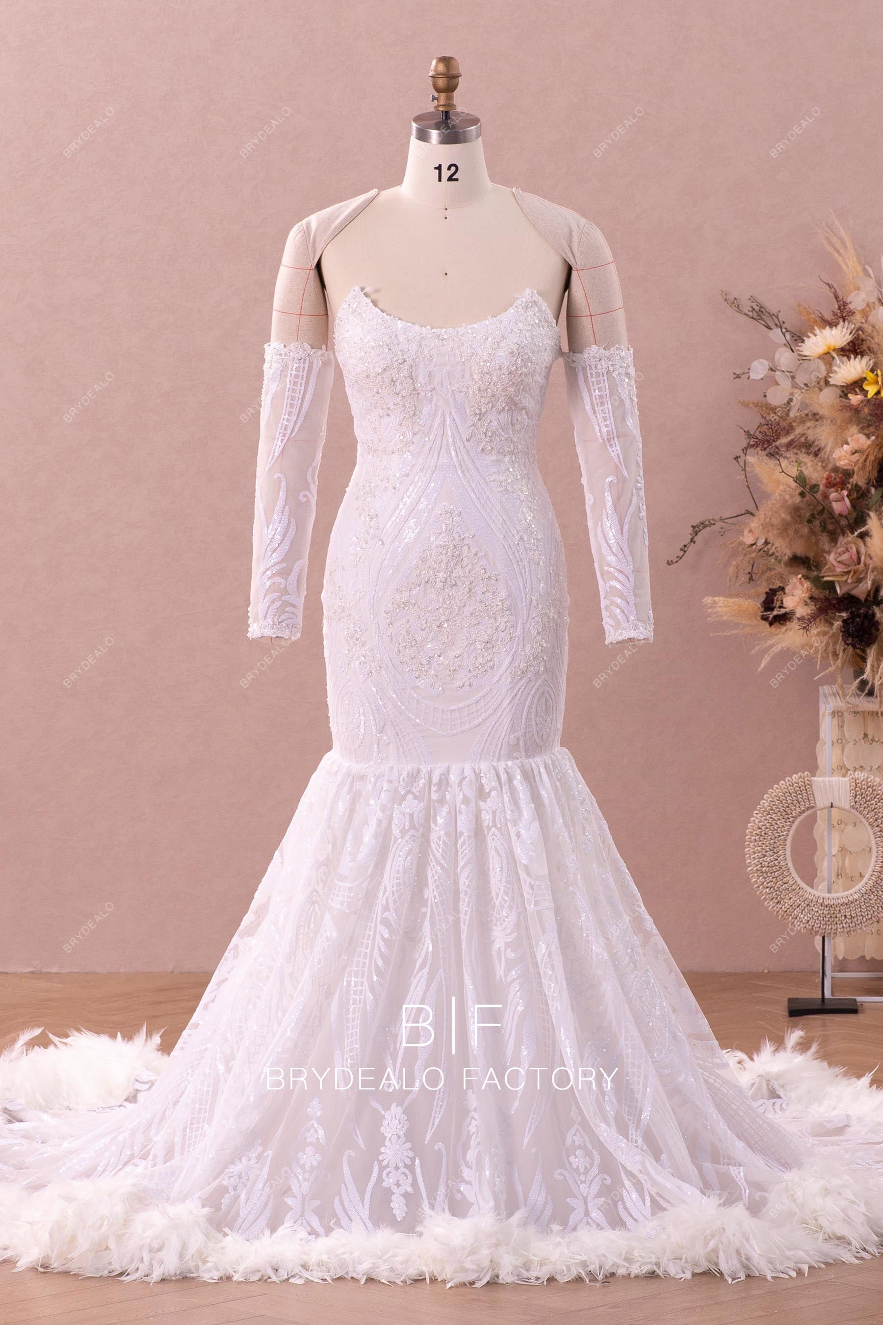 detachable sleeves mermaid sequin feather wedding dress