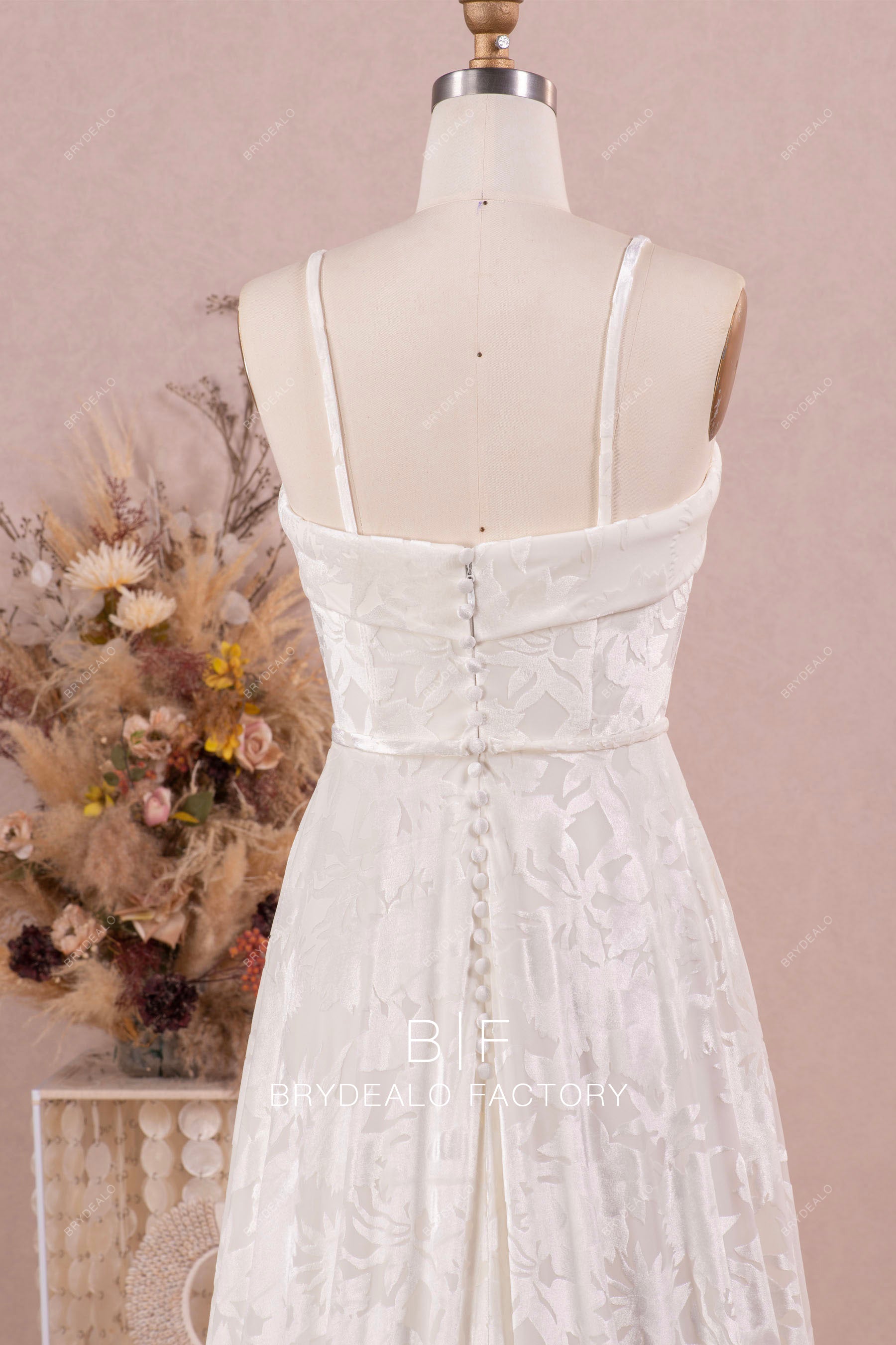 thin straps buttoned back designer velvet wedding dress