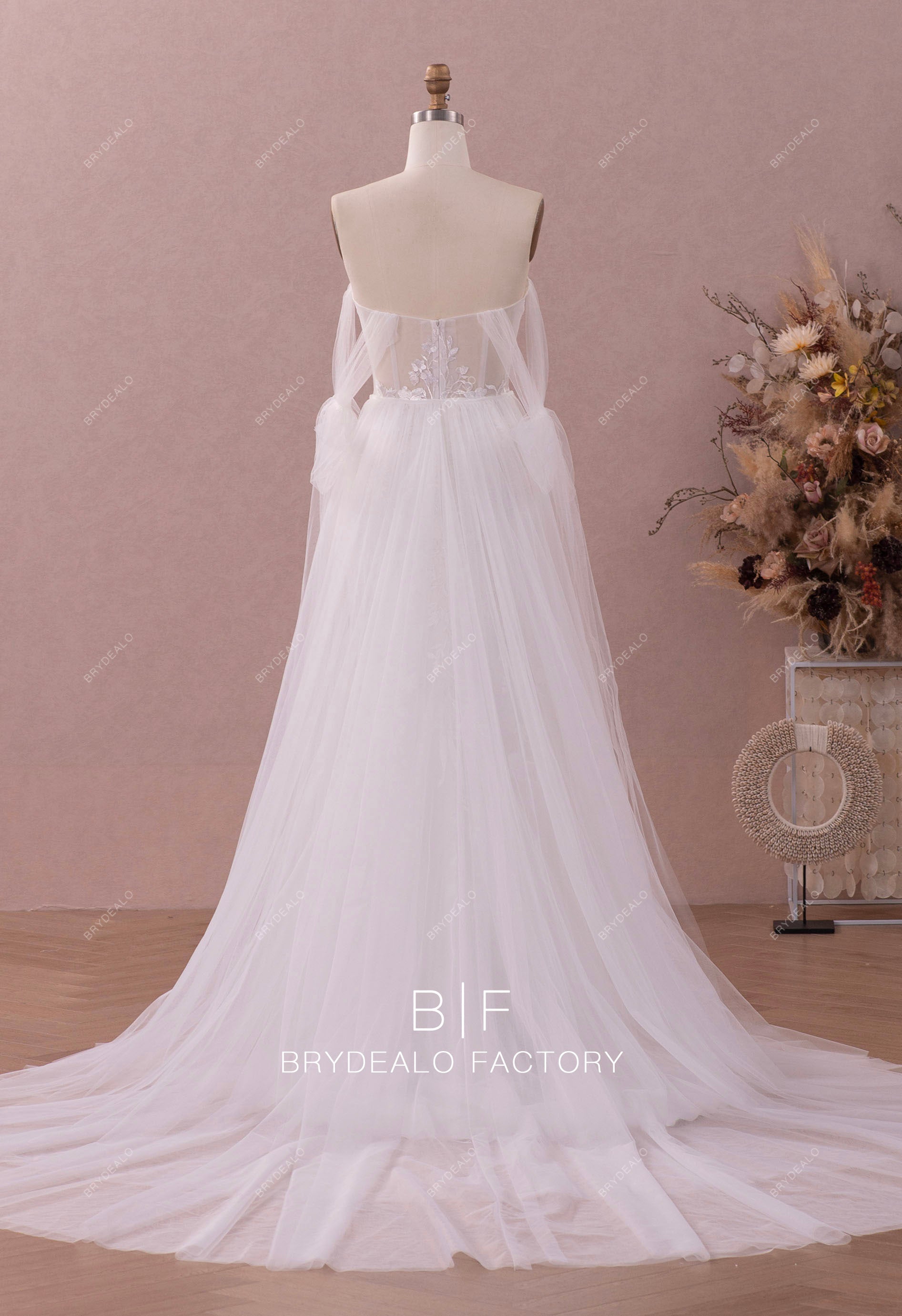 detachable tulle overskirt off shoulder straps wedding dress