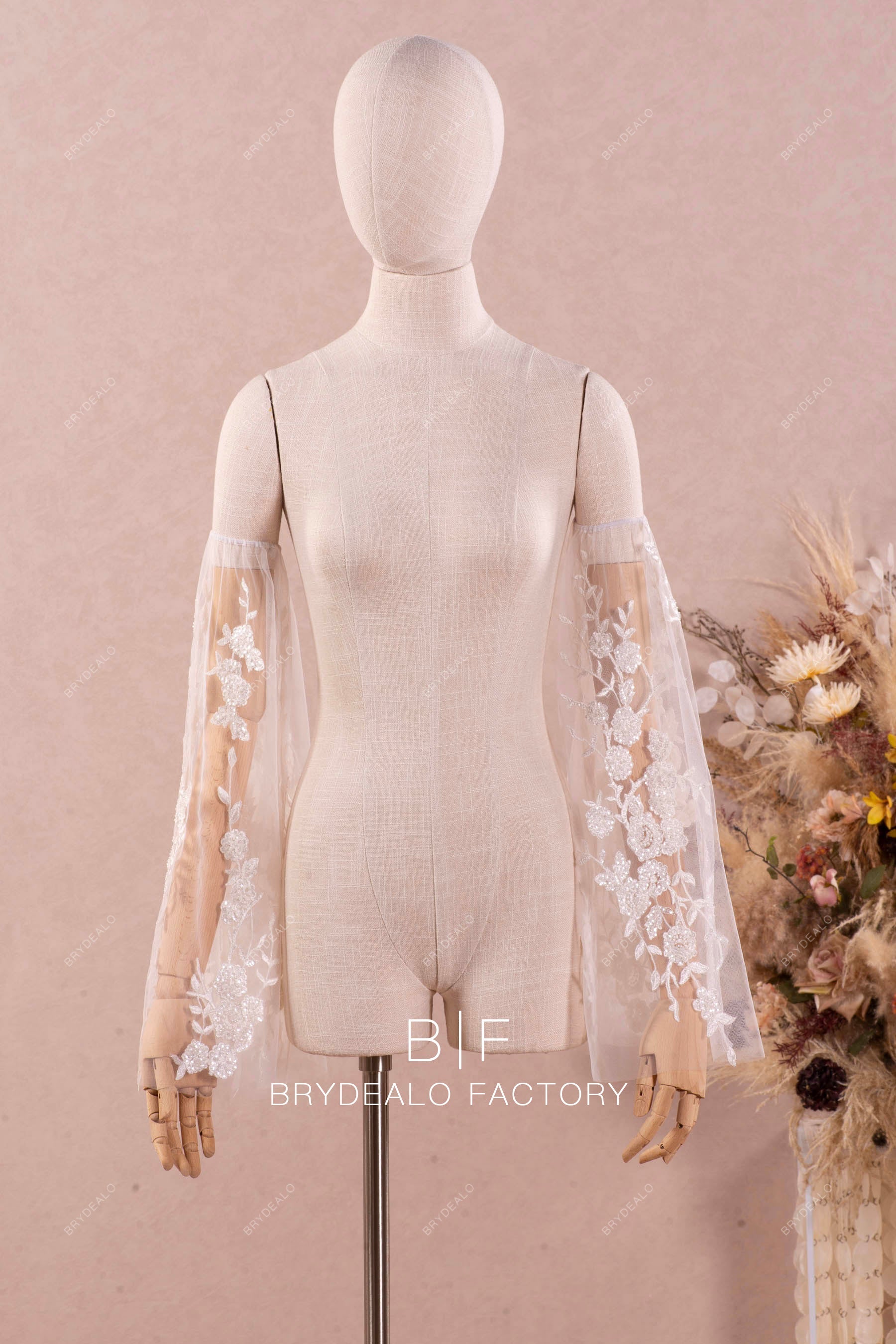 Removable Shimmery Flower Lace Bridal Bell Sleeves Online
