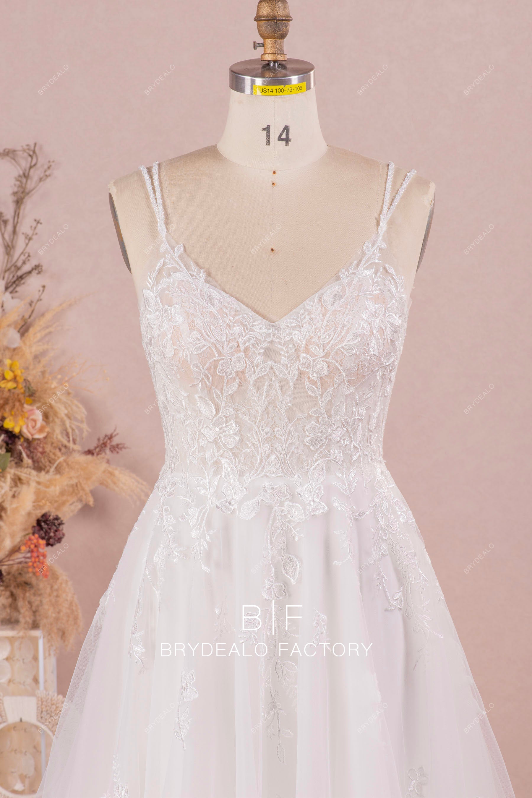 double beaded straps designer lace wedding dress