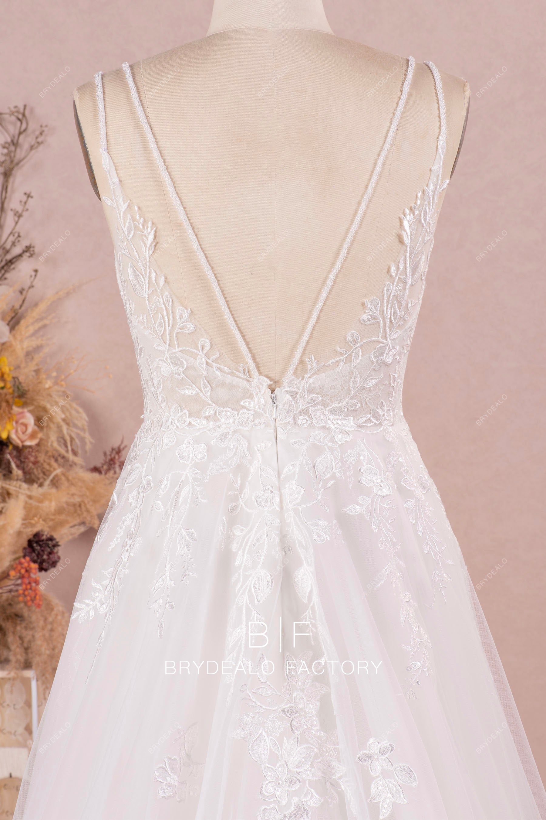 double beaded straps illusion V-back lace wedding dress