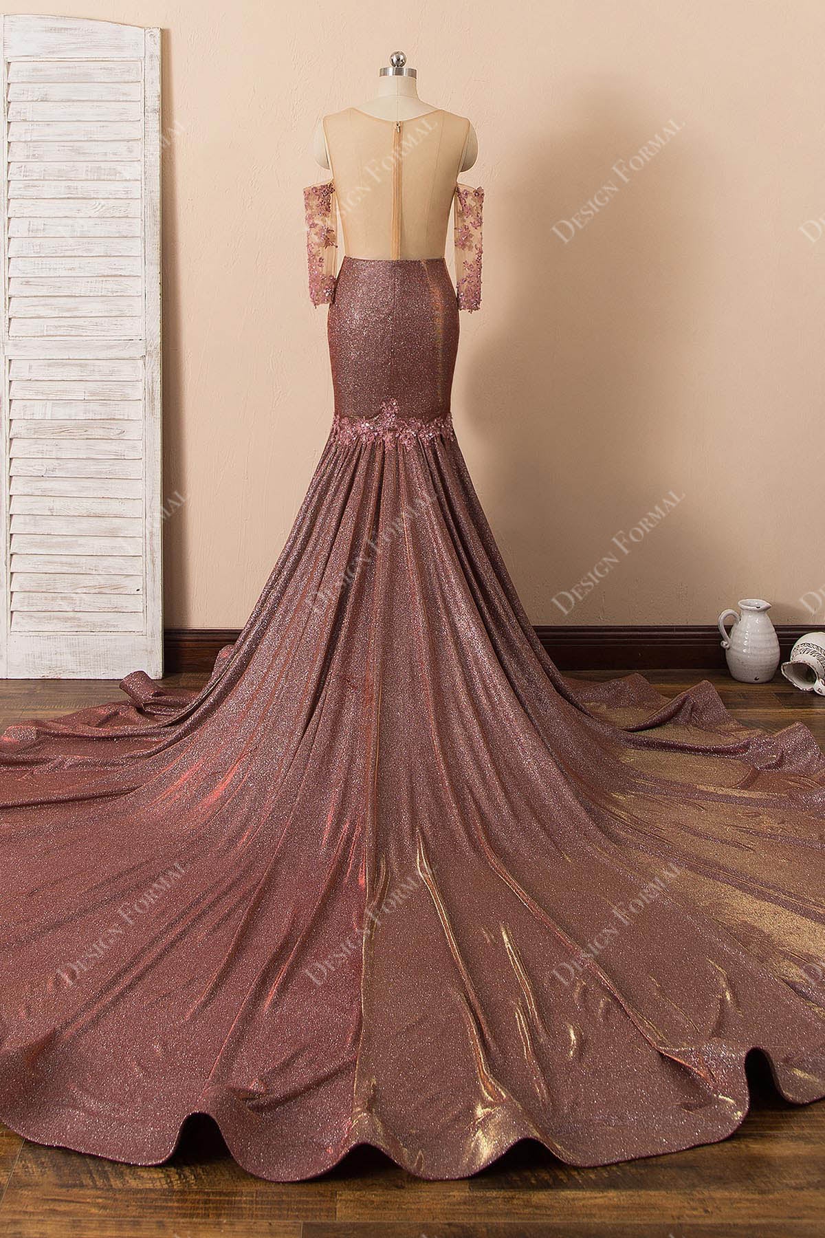 dramatic ruffled trumpet glitter prom dress