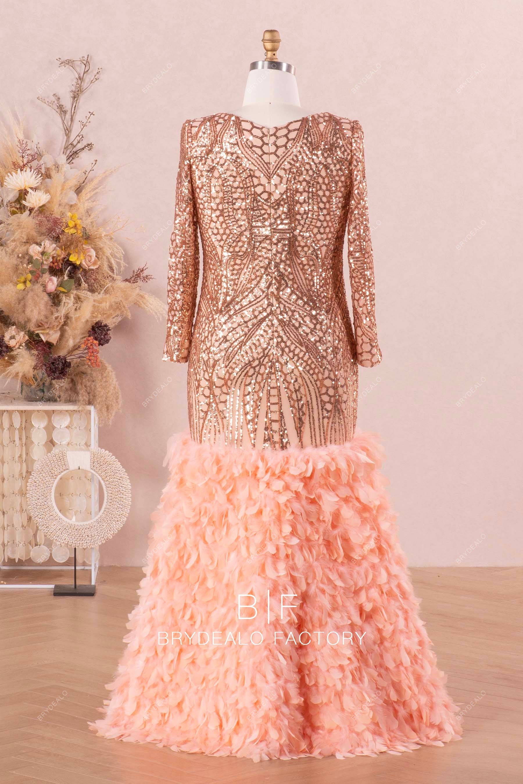 dramatic sparkly feathers trumpet floor length prom dress