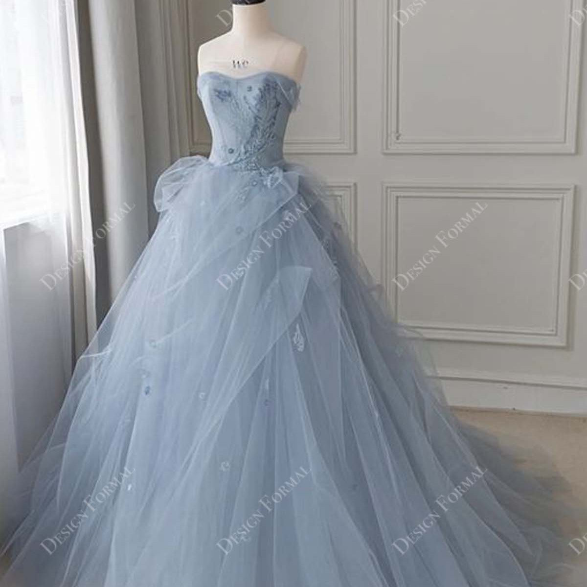 Dusty Blue Lace Tulle Strapless Custom Wedding Ball Gown