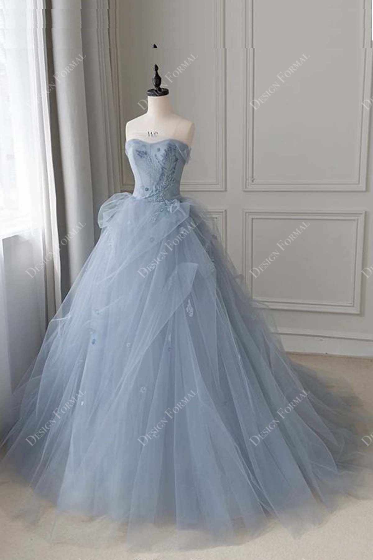 Dusty Blue Lace Tulle Strapless Wedding Ball Gown