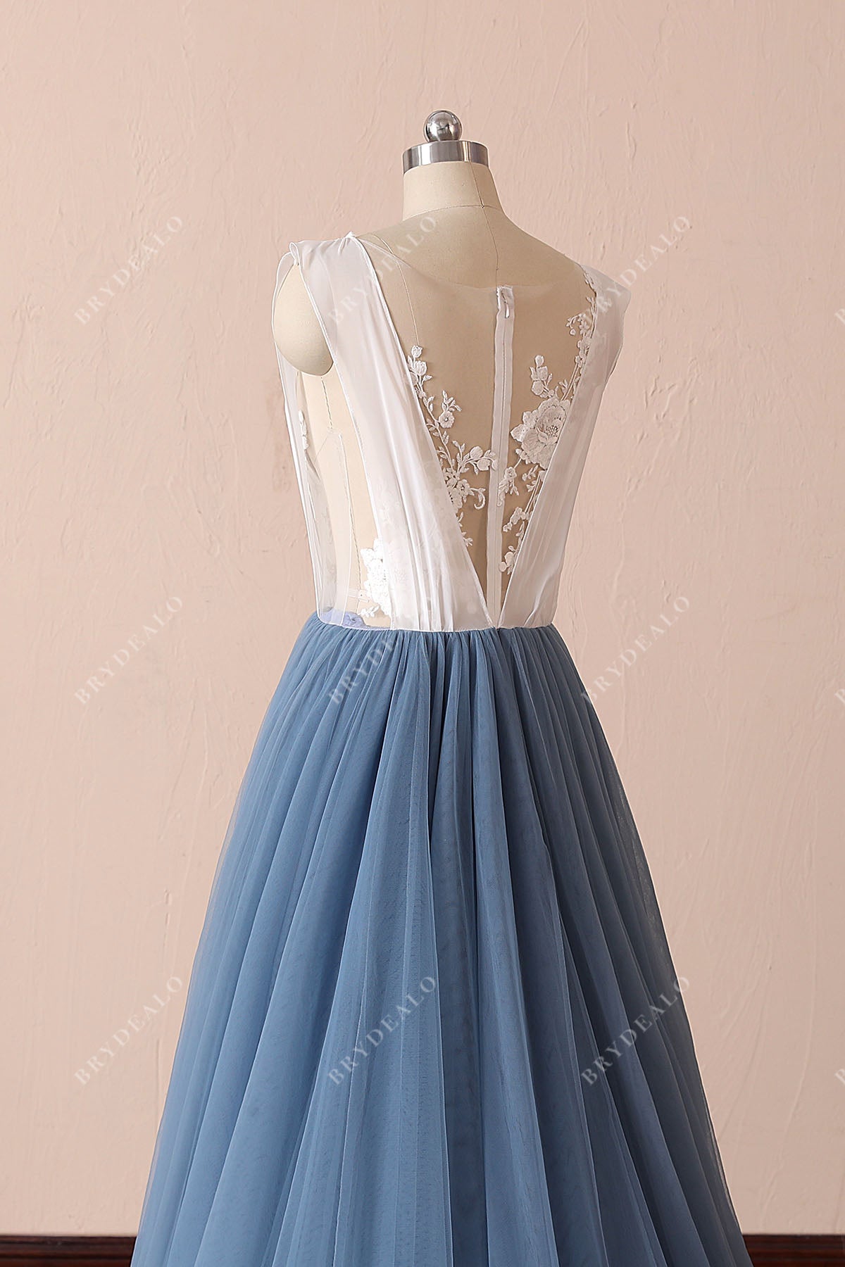 dusty blue tulle ivory illusion back wedding gown