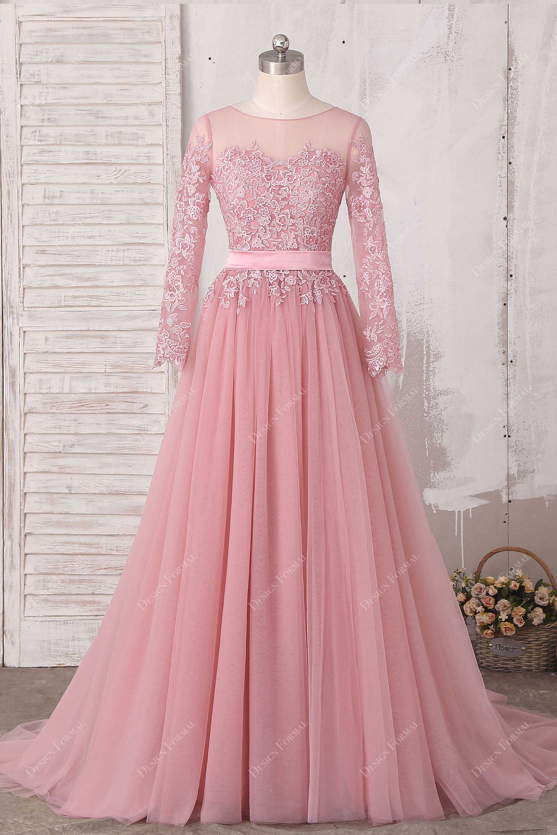 Dusty Pink Lace Tulle Sheer Long Sleeves Dress