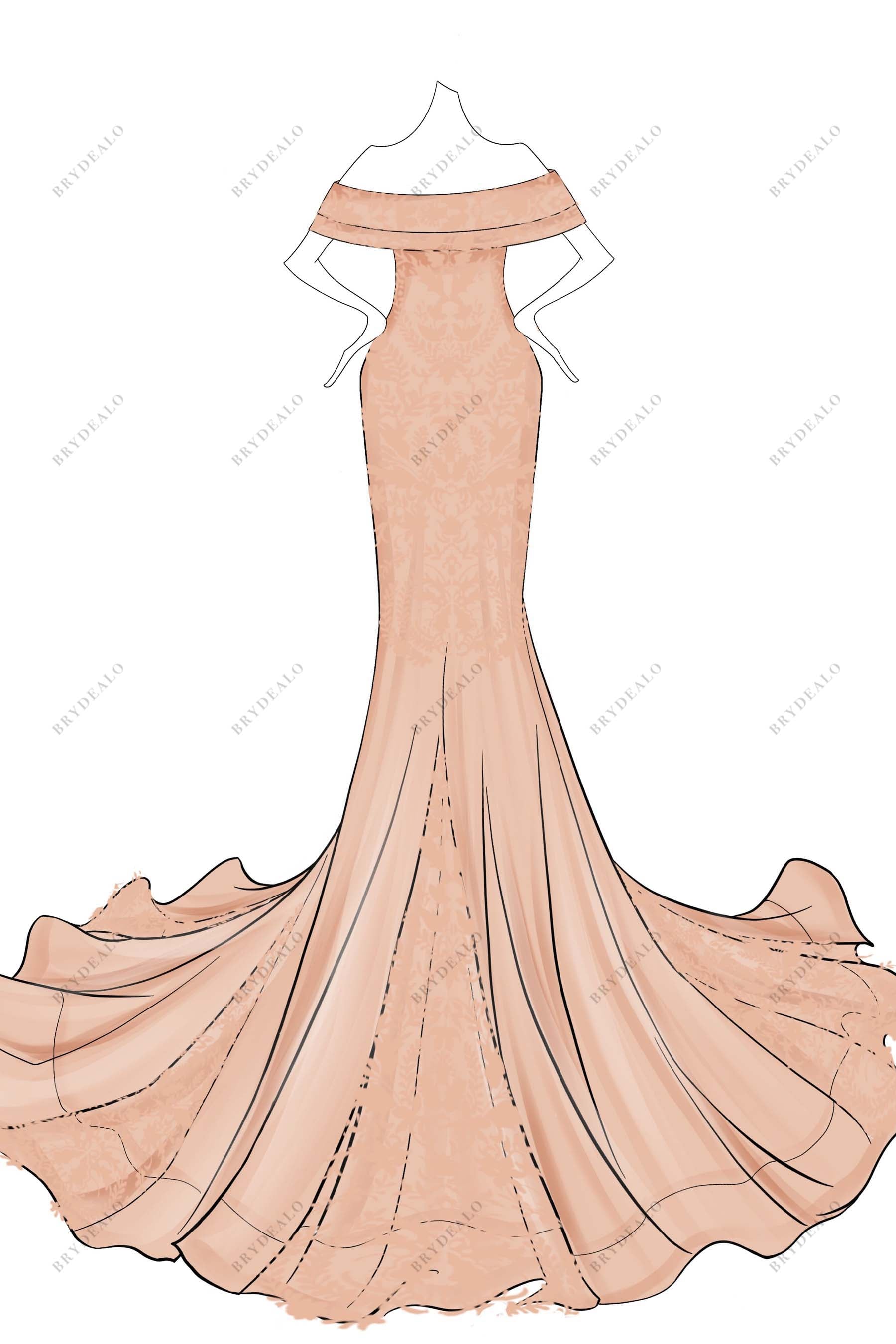 Hand-Drawn Off-shoulder Trumpet Custom Colored Wedding Dress Design