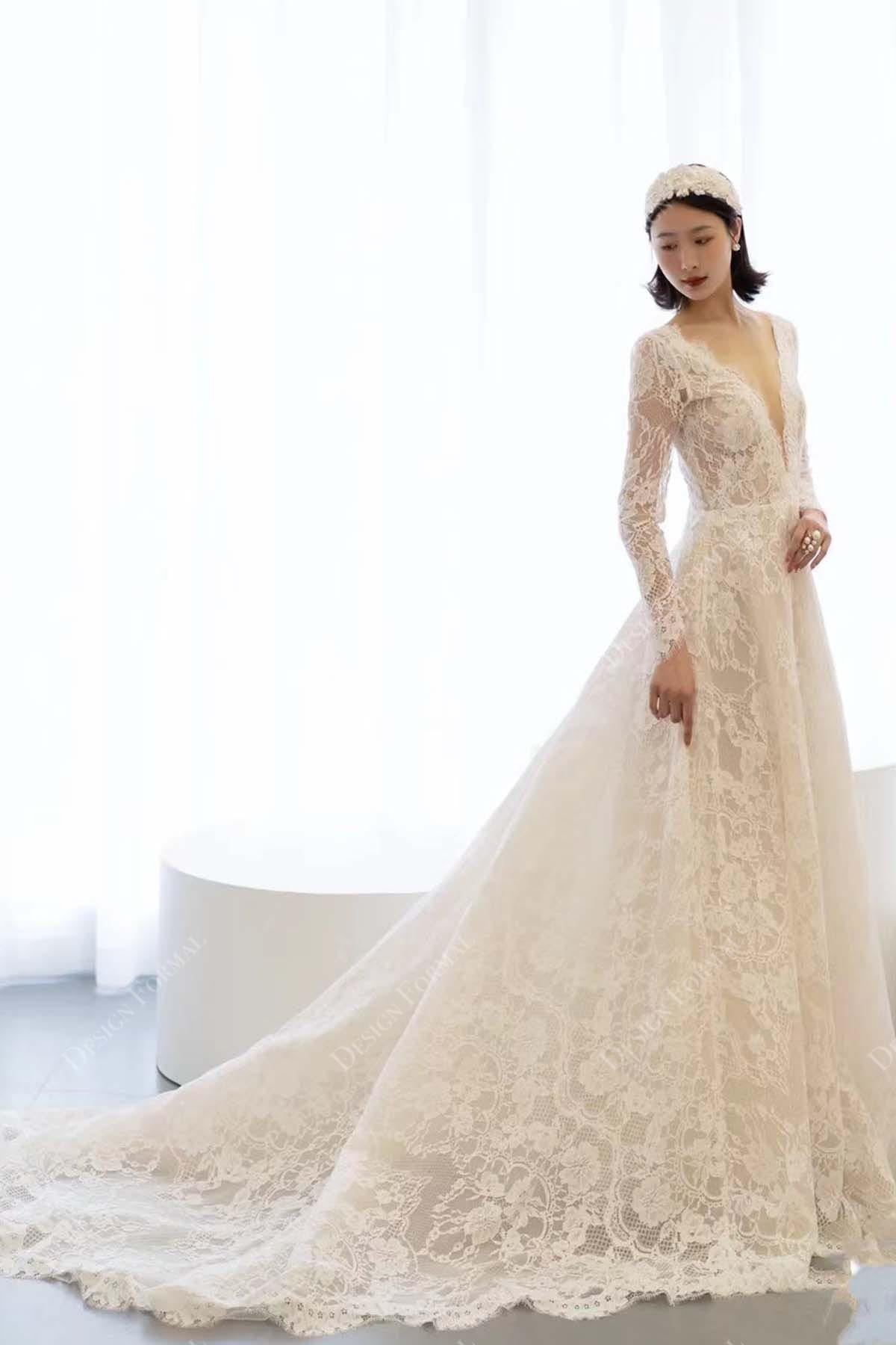 elegant A-line lace chapel train bridal dress