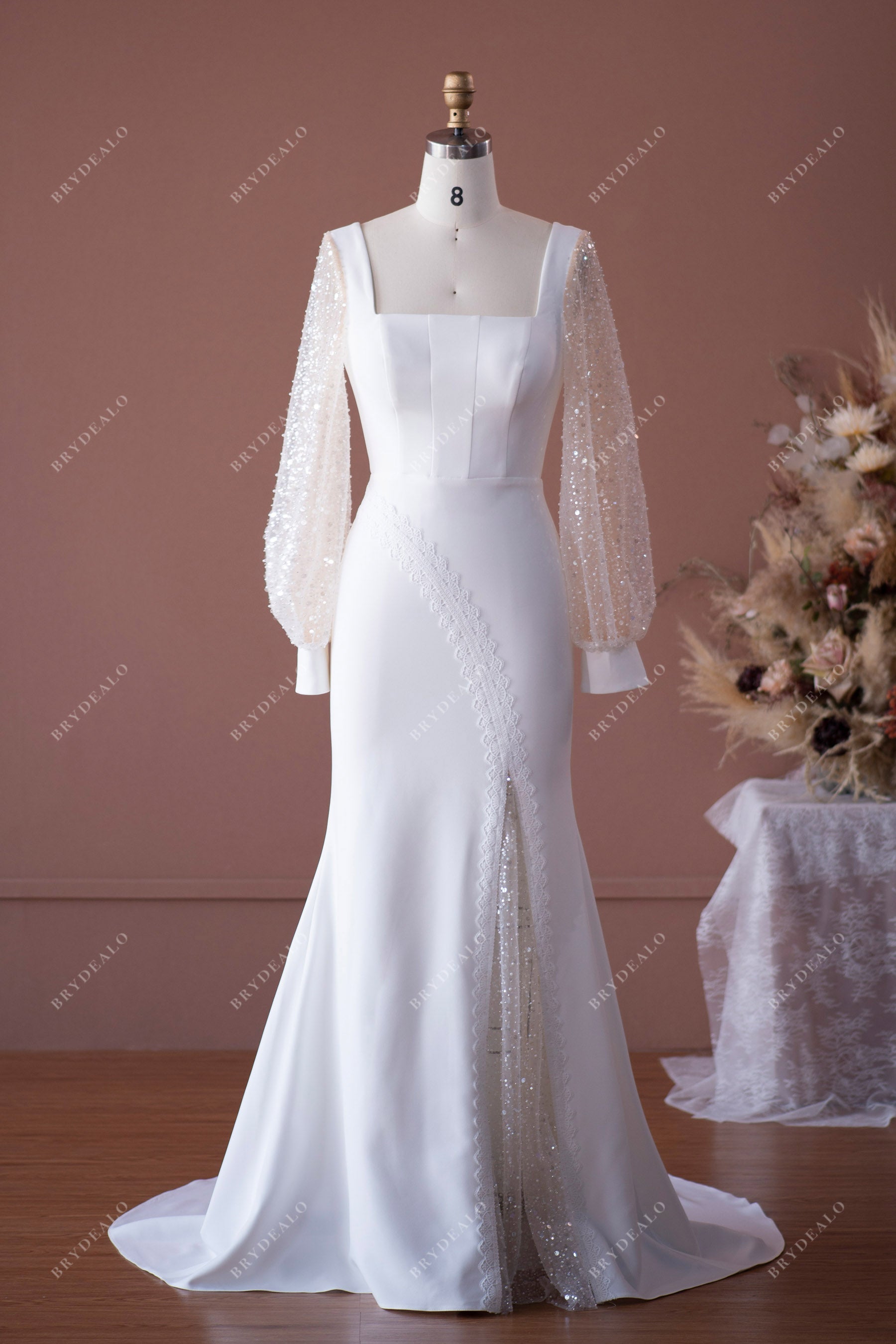 Sparkly Sleeves Square Neck Mermaid Crepe Wedding Dress