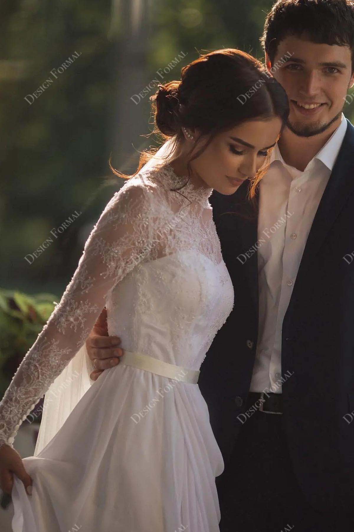 elegant lace chiffon illusion high neck long sleeve wedding dress