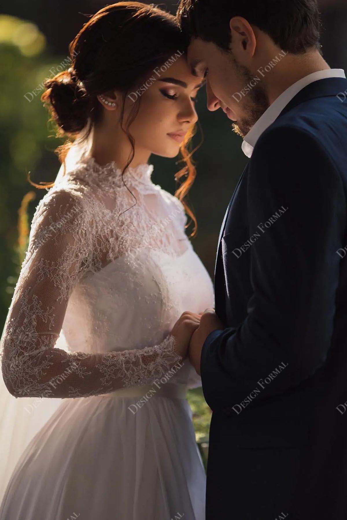 elegant lace chiffon high neck long sleeve wedding gown