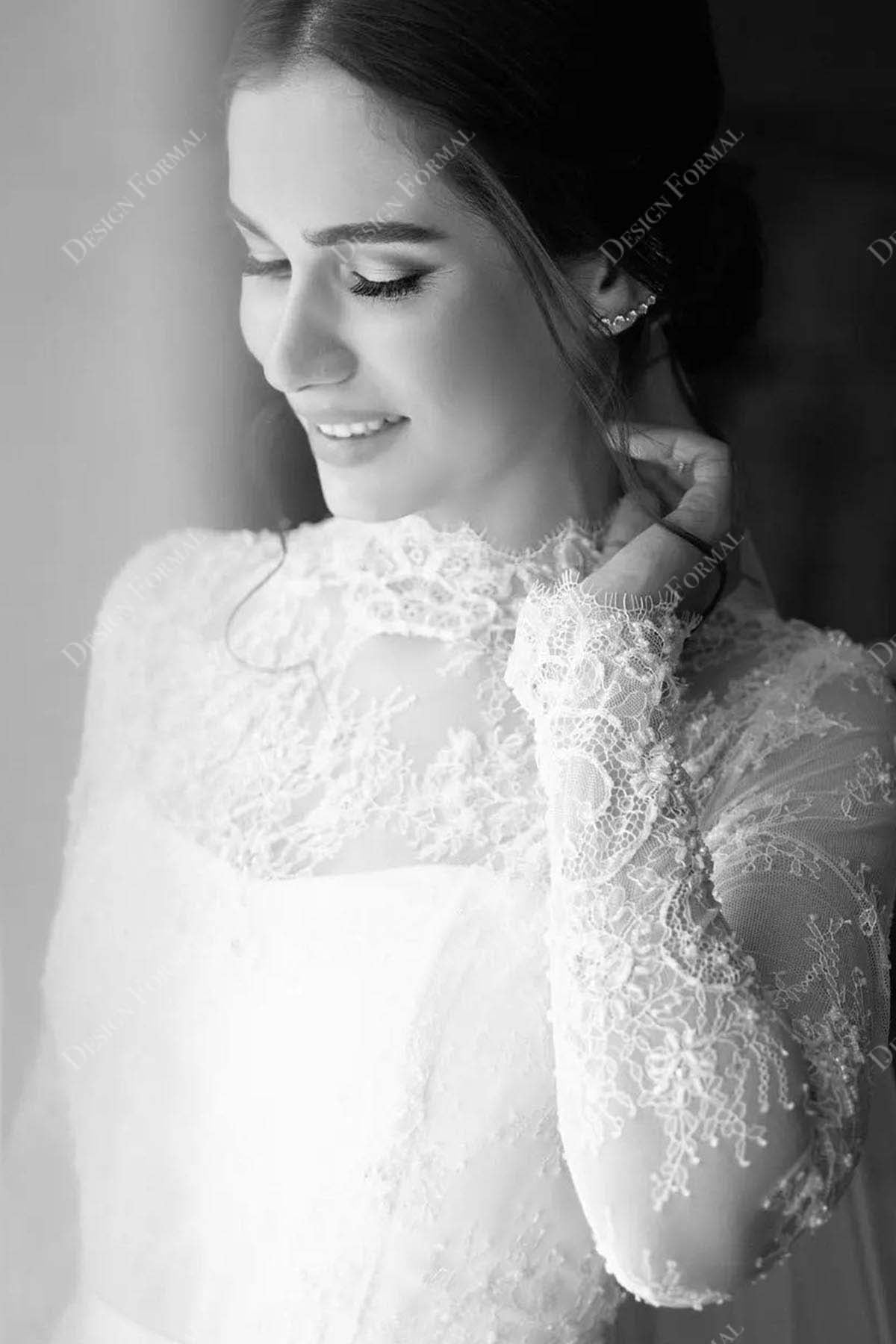 elegant lace chiffon illusion neck long sleeve wedding gown