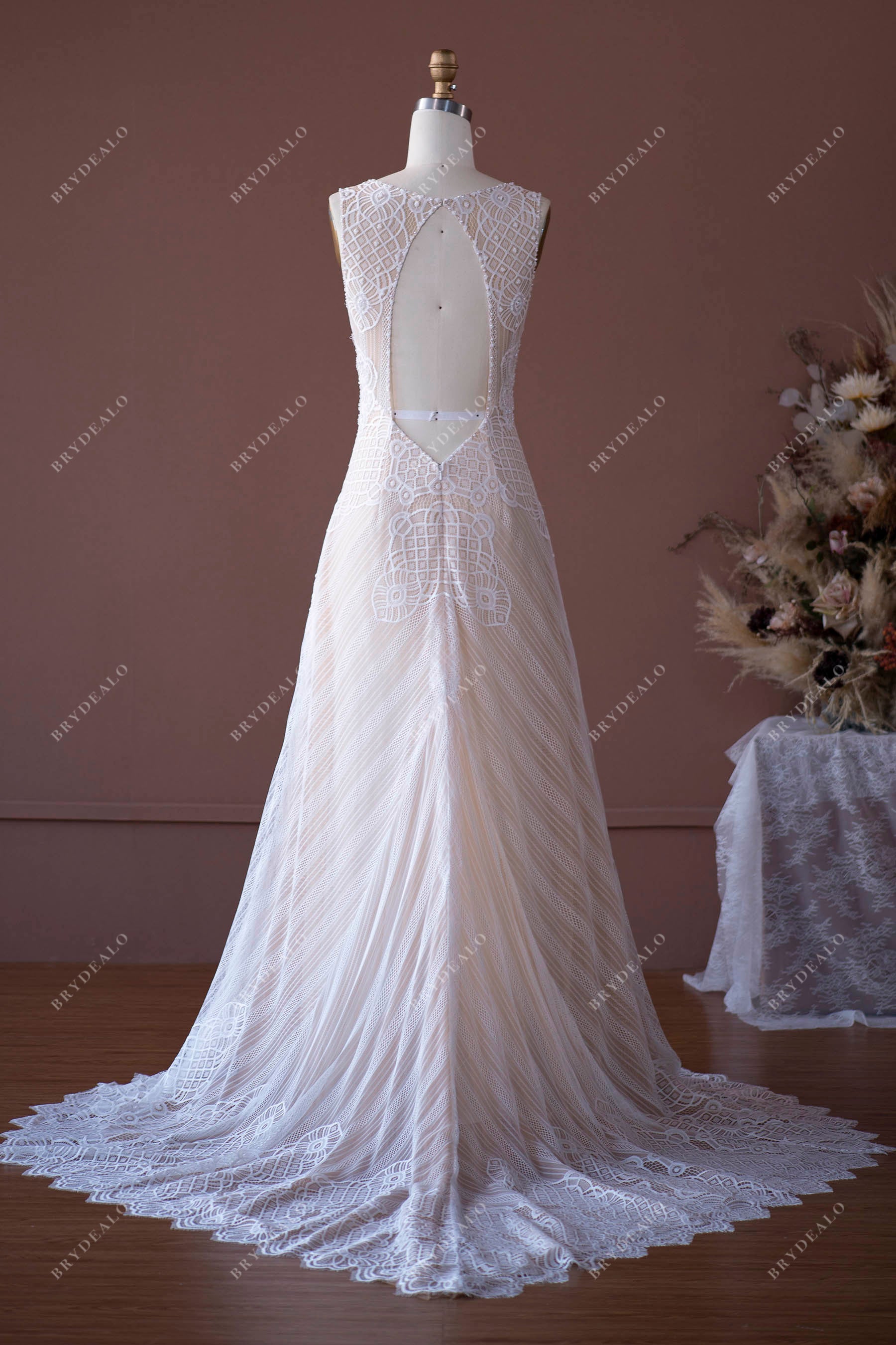 Keyhole Back Fit and Flare Boho Lace Wedding Dress