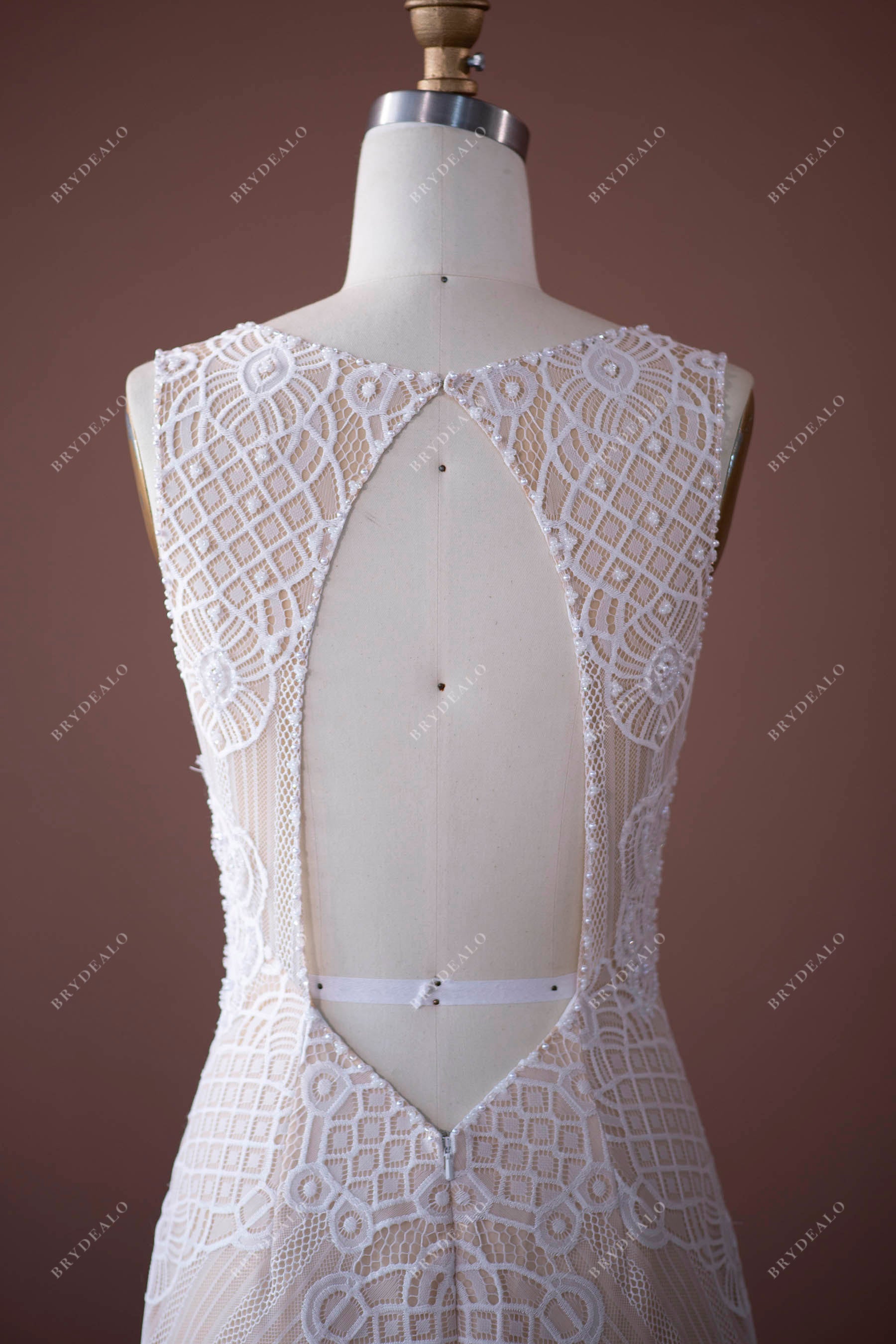 pearls cutout back lace bridal dress