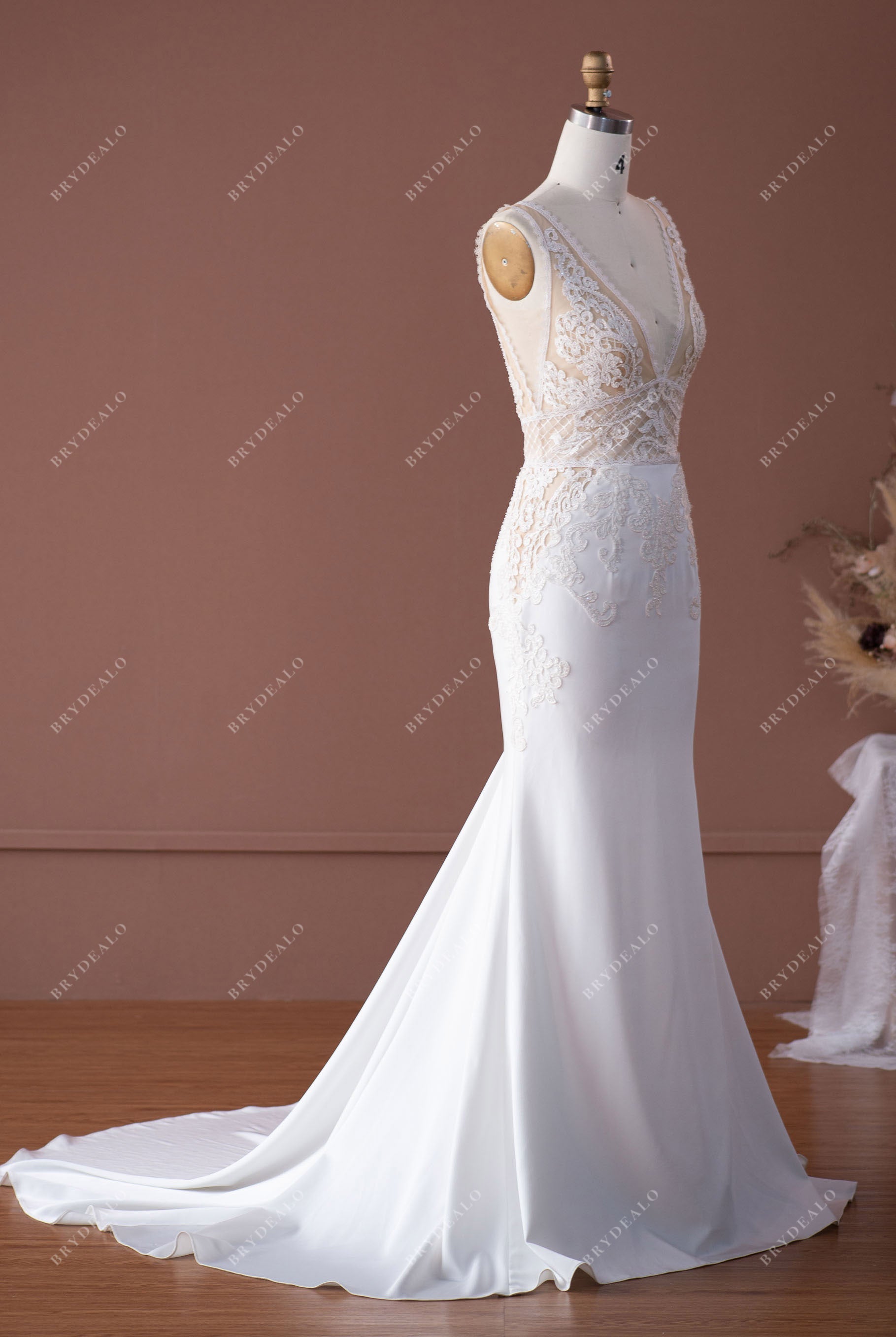 sleeveless designer lace satin mermaid fall bridal dress
