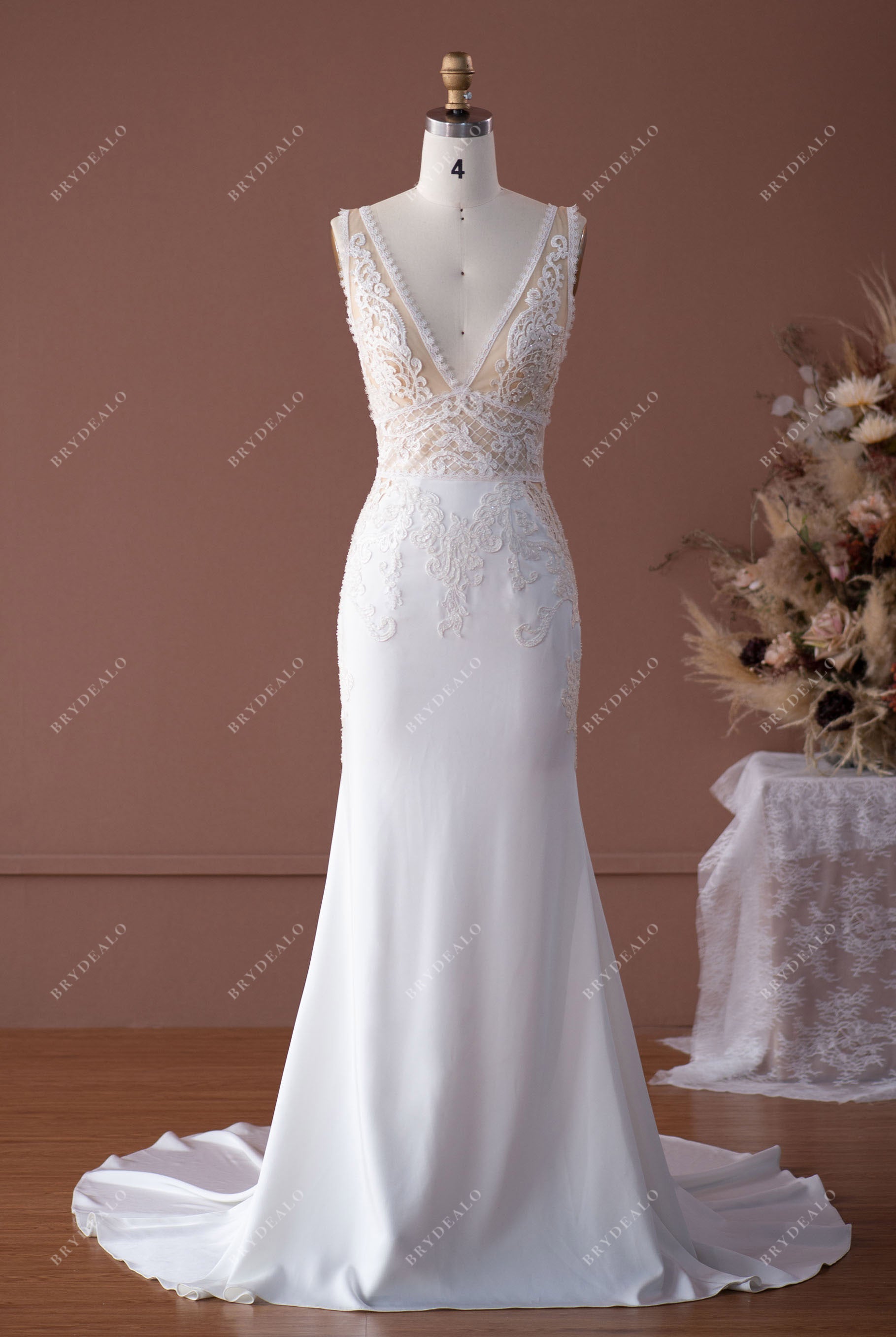 plunging V neck sexy illusion lace  bridal dress 