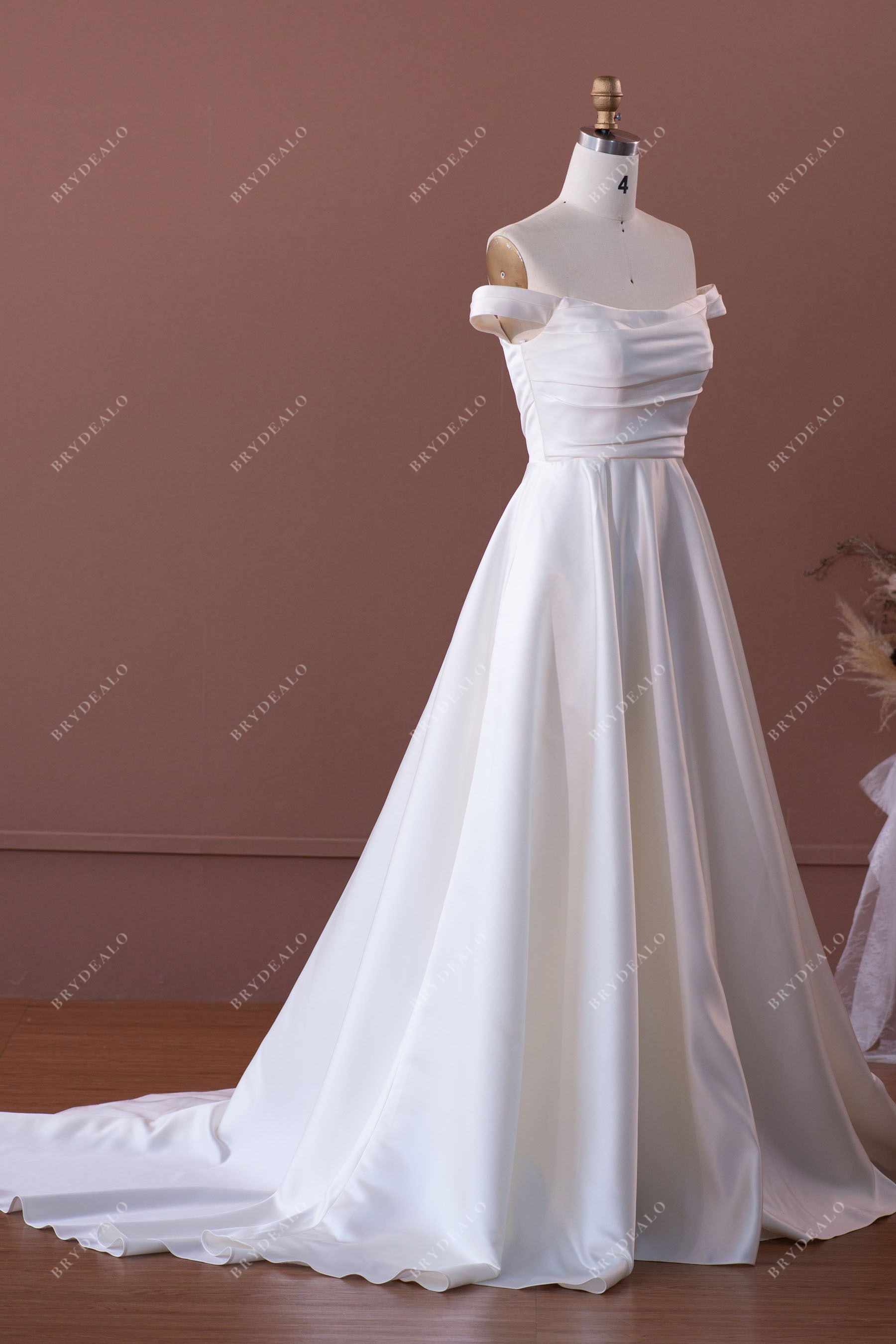 designer off-shoulder satin bridal gown