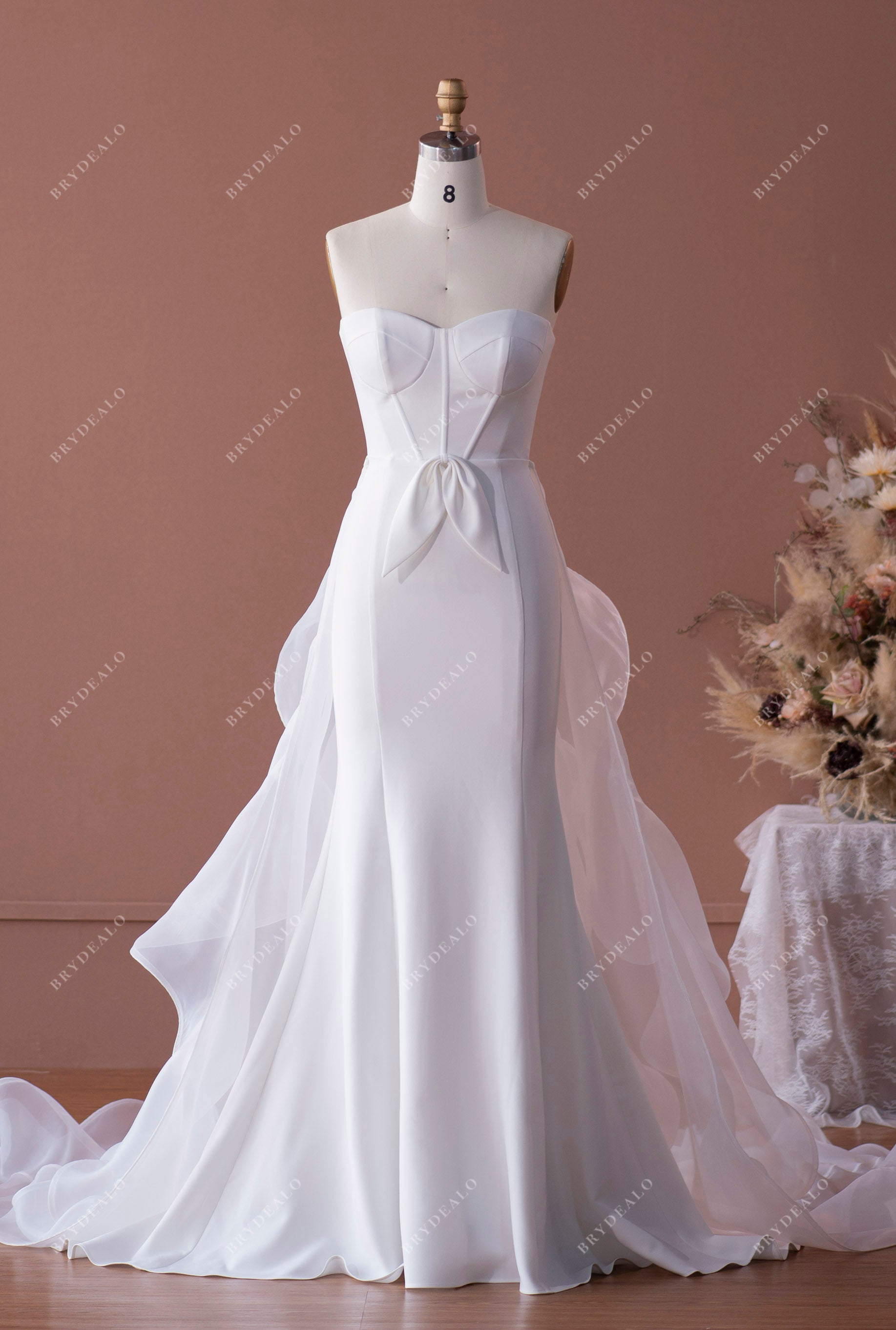elegant strapless sweetheart crepe mermaid wedding dress with detachable organza overskirt