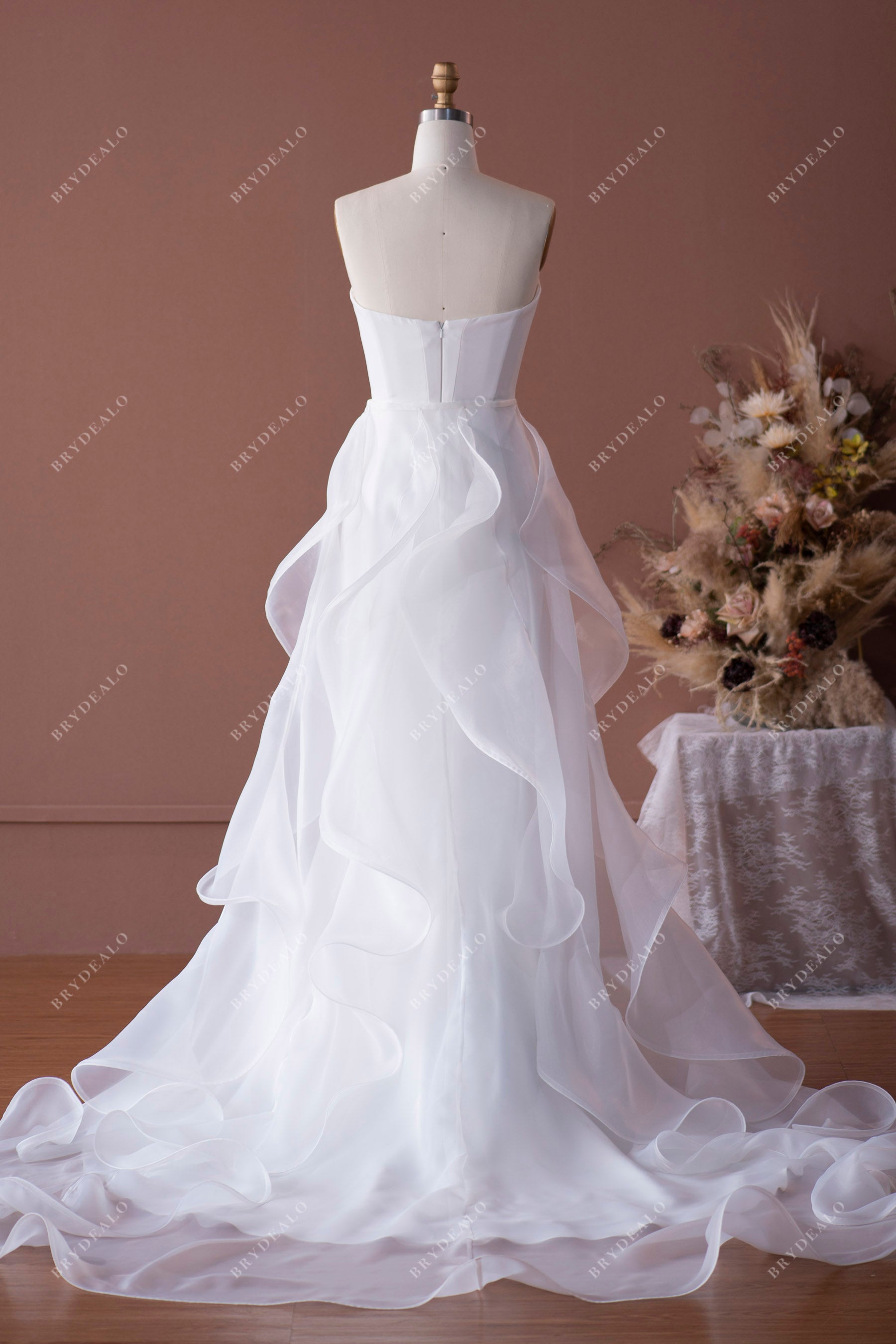 elegant strapless crepe mermaid wedding dress with organza overskirt