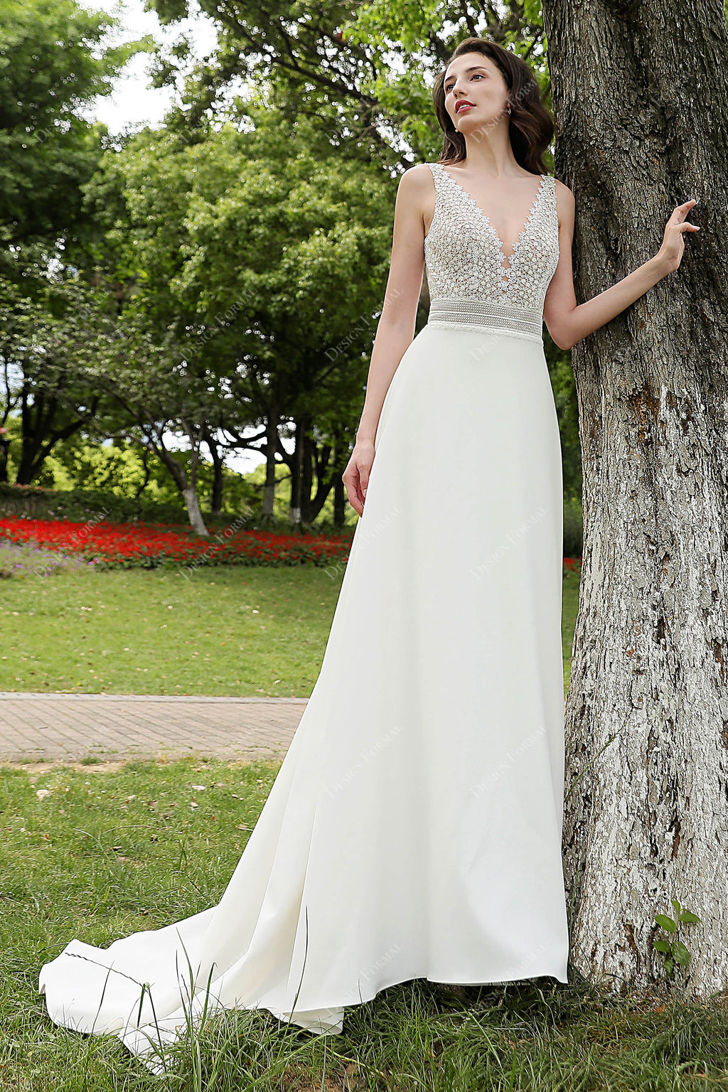 Elegant Straps Lace Crepe A-line Wedding Dress